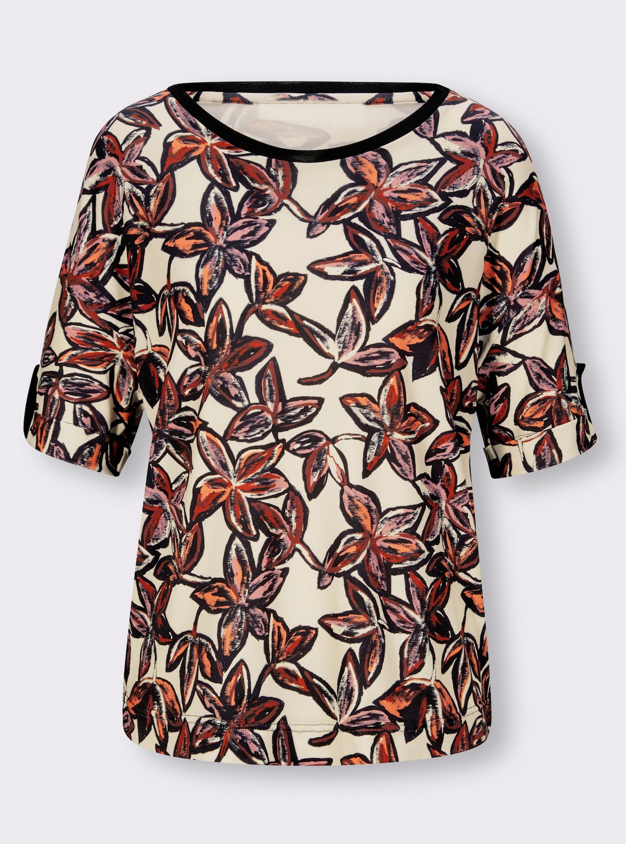 heine Shirt met ronde hals - ecru/roodbruin gedessineerd