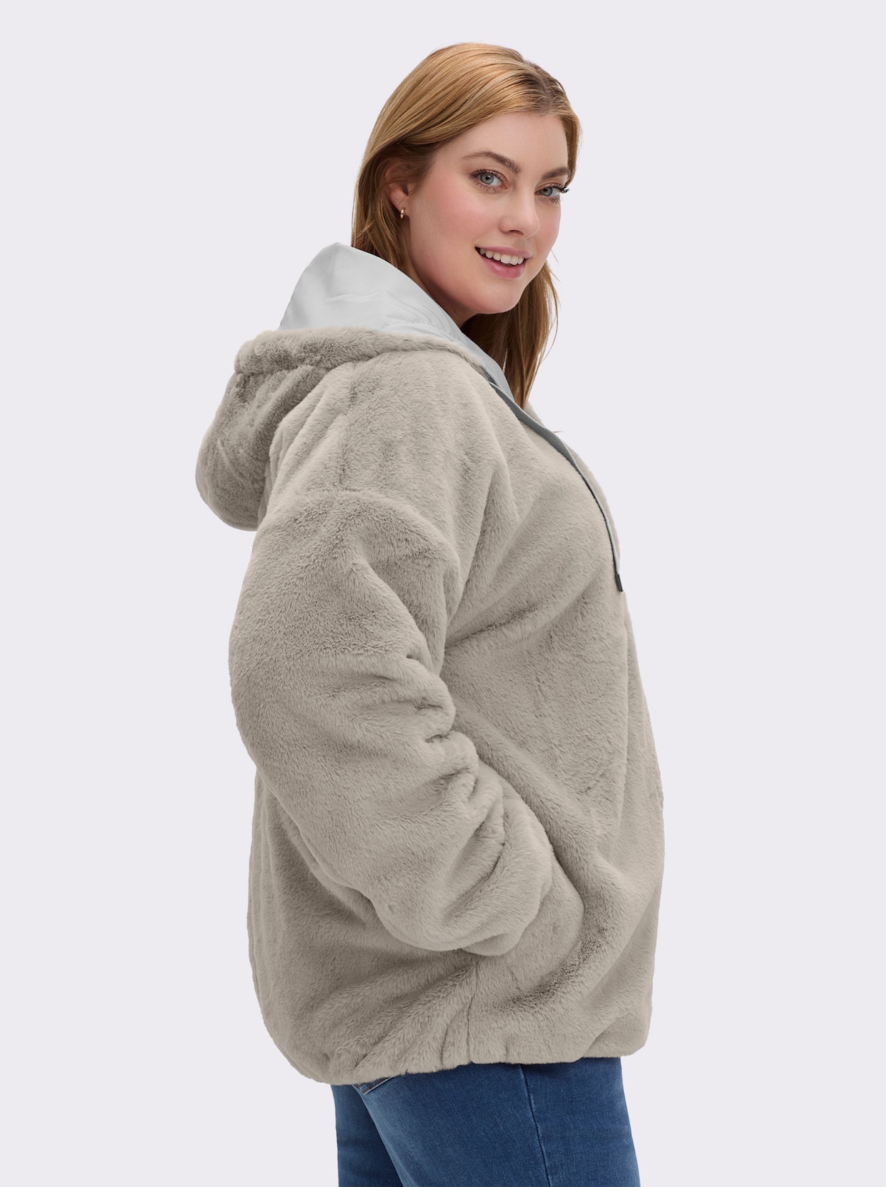 Fellimitatjacke mit Gummizug an Ärmeln und Saum - hellgrau