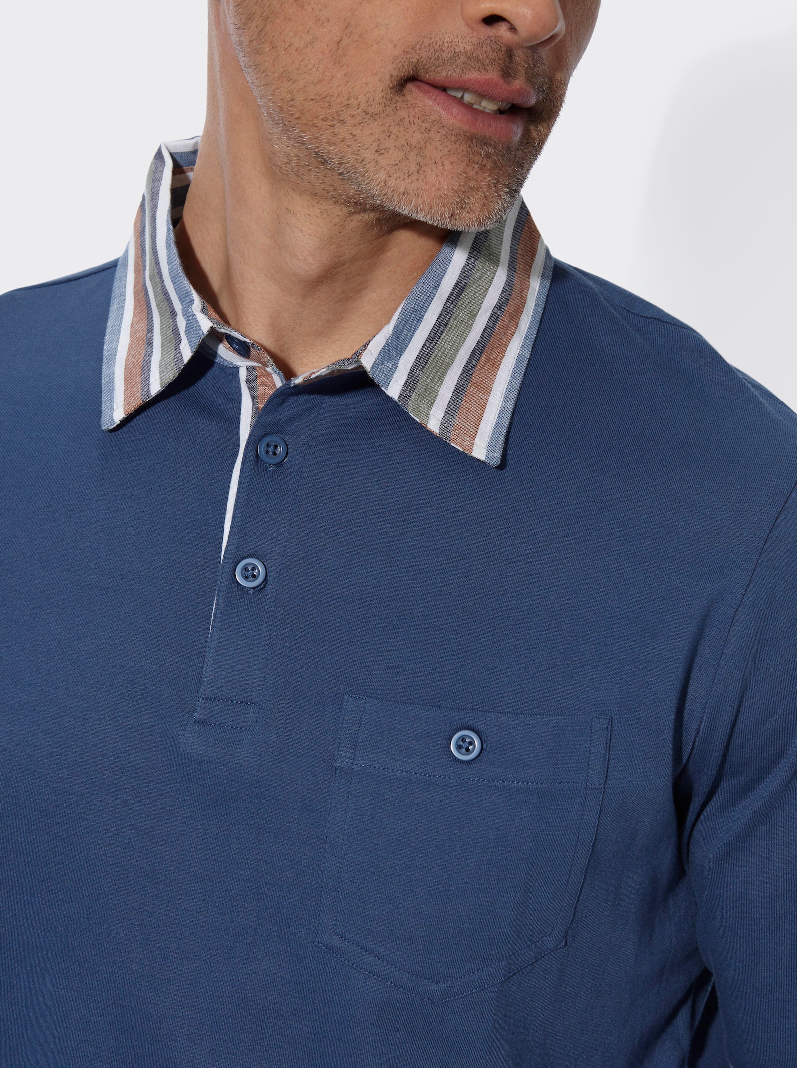 Langarm-Poloshirt mit gewebtem Kragen - jeansblau