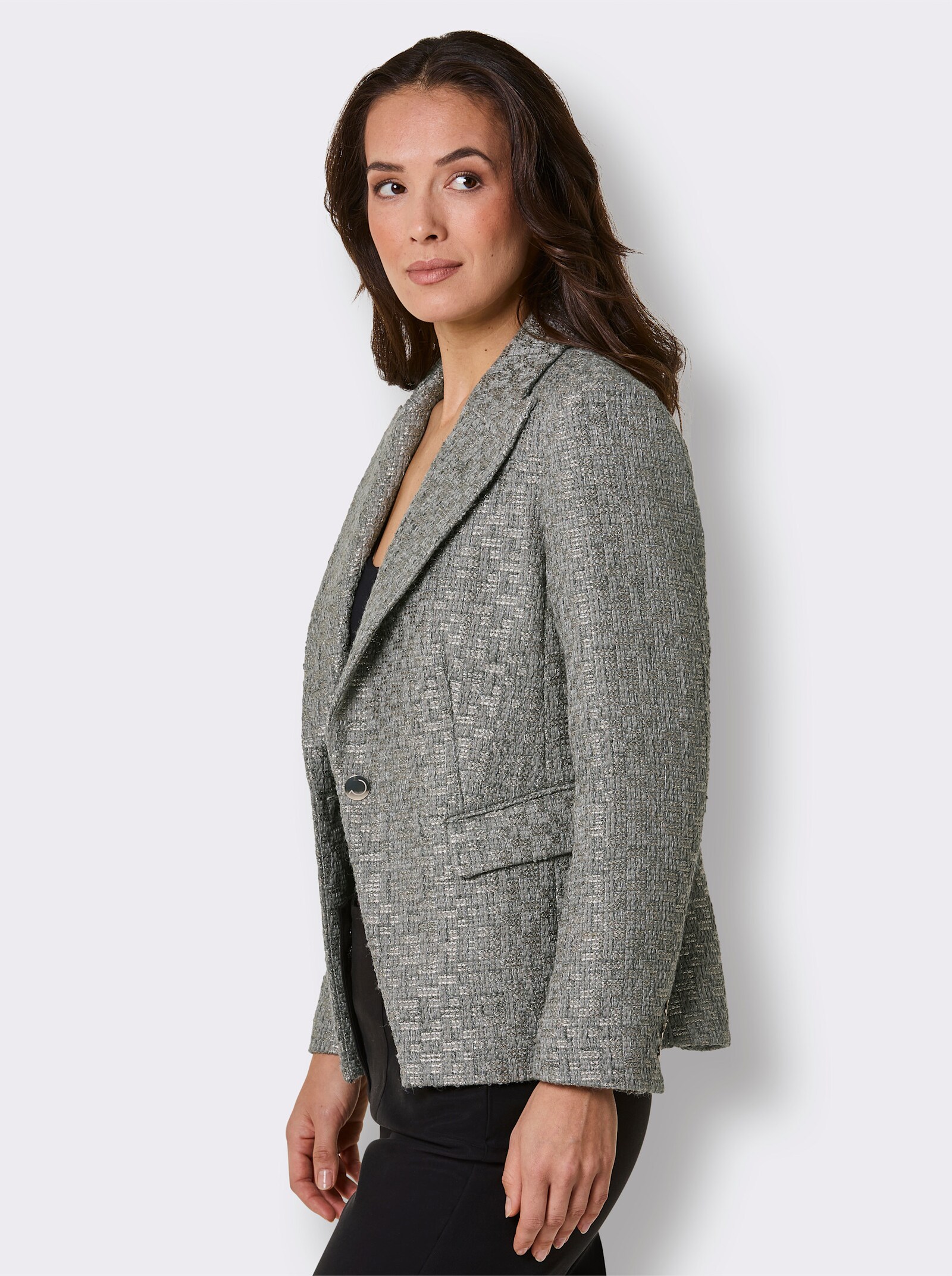 CREATION L PREMIUM Bouclé-Blazer mit schräger Kante - grau-goldfarben-gemustert