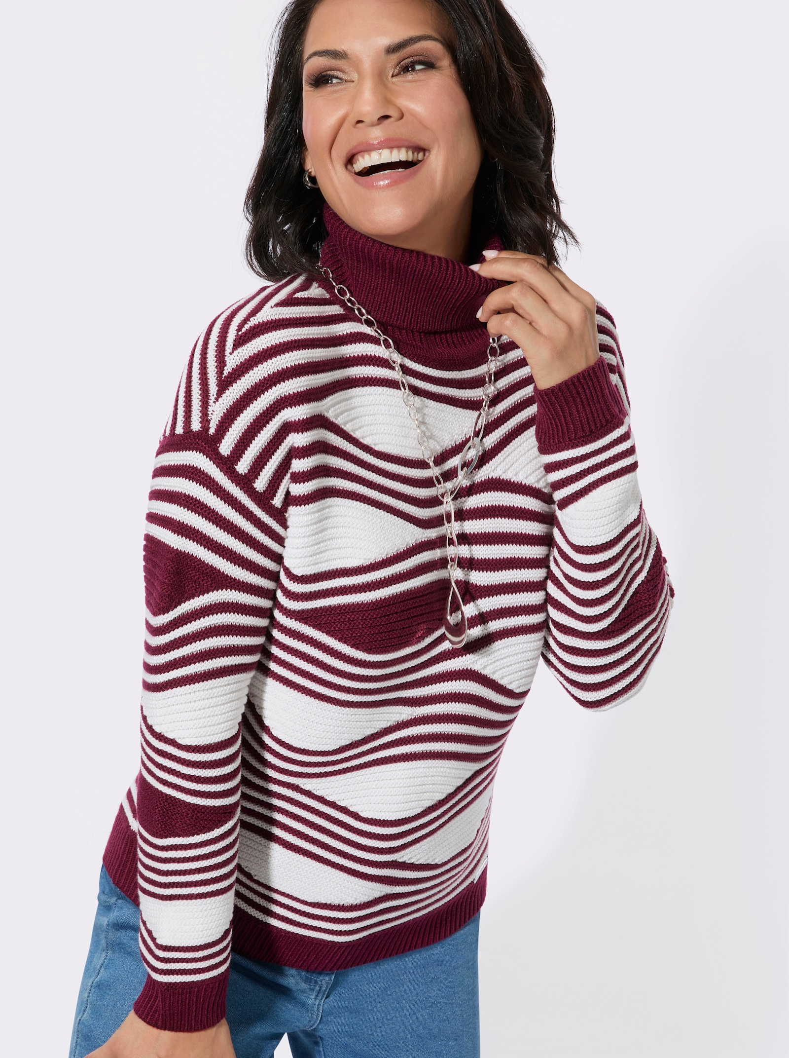 Rollkragenpullover mit Intarsienmuster - bordeaux-ecru-gemustert