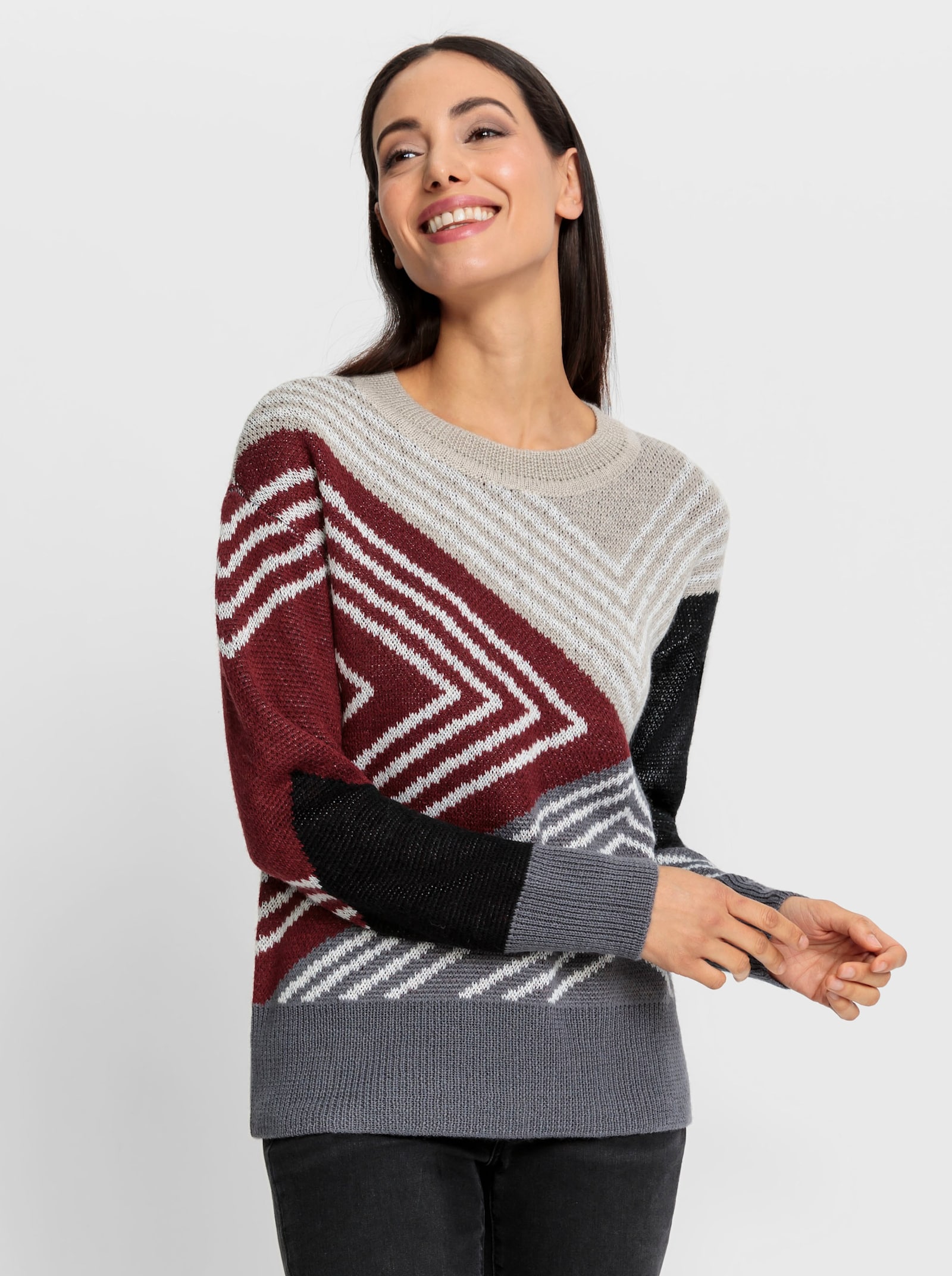 heine Jacquard-Pullover mit Woll-Anteil - anthrazit-bordeaux-gemustert