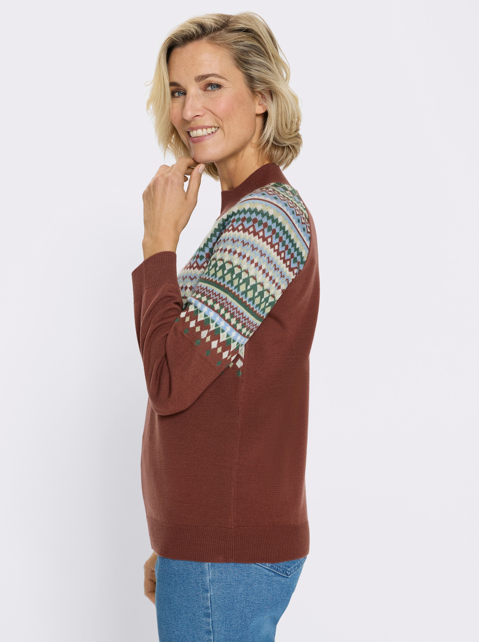 Norwegerpullover mit Raglan-Ärmeln - rotbraun-himmelblau-gemustert