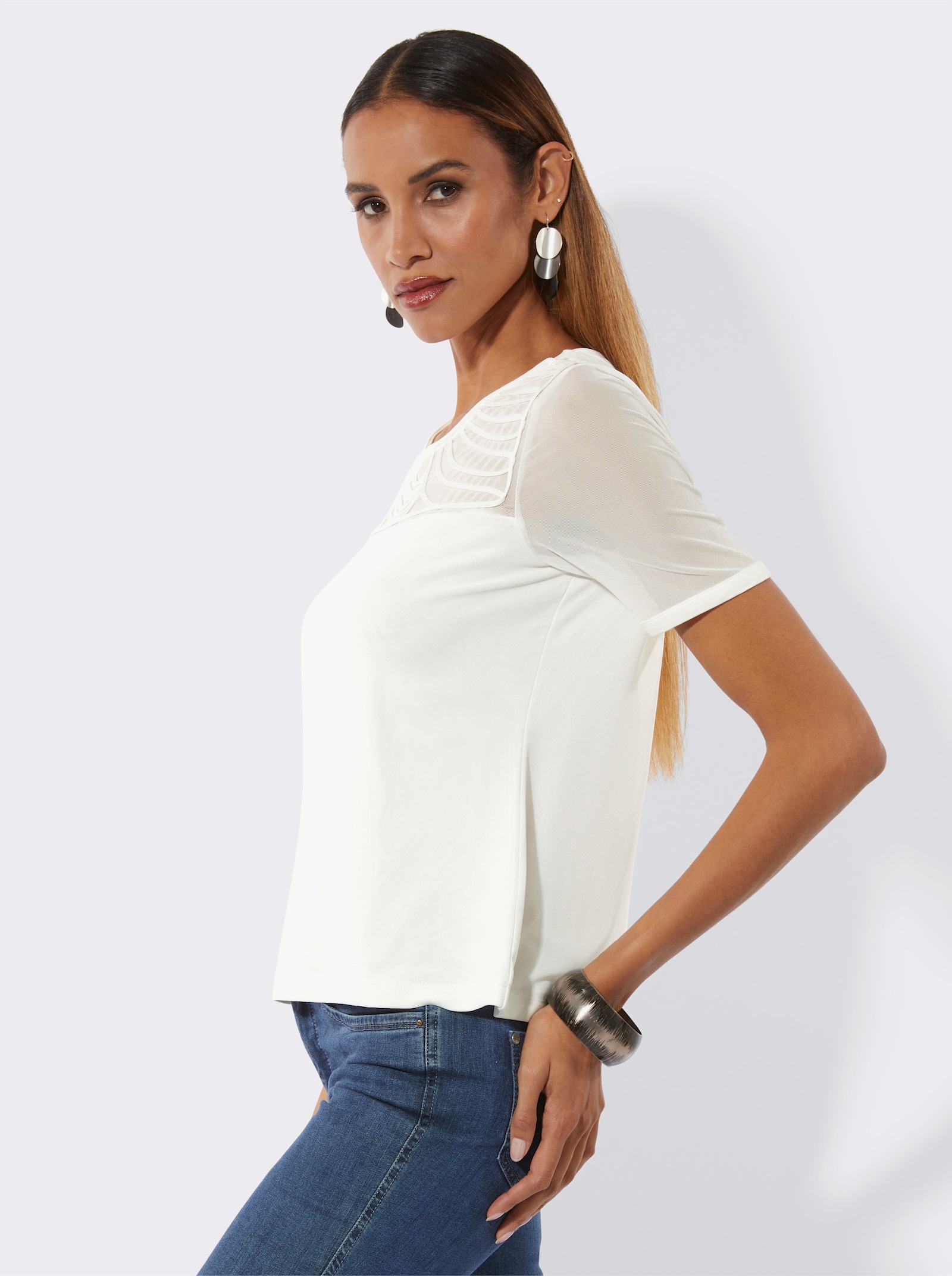 Kurzarmshirt mit Bändchen-Verzierung - ecru