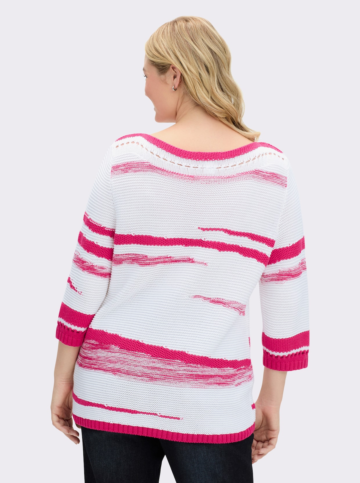 3/4 Arm-Pullover mit Lochmuster - weiß-pink-gemustert