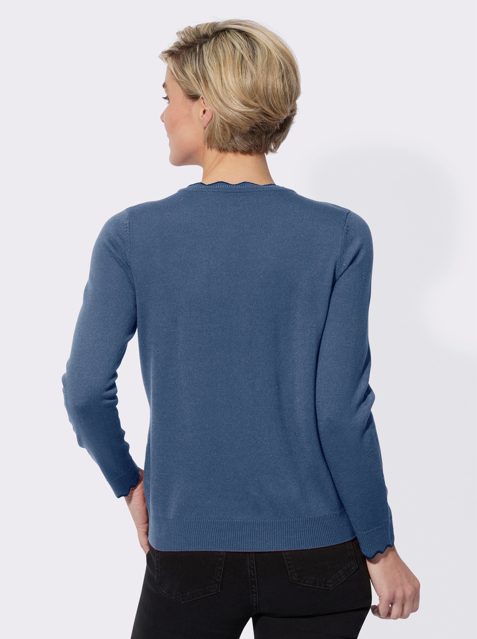 V-Ausschnitt-Pullover mit gewelltem Abschluss - jeansblau