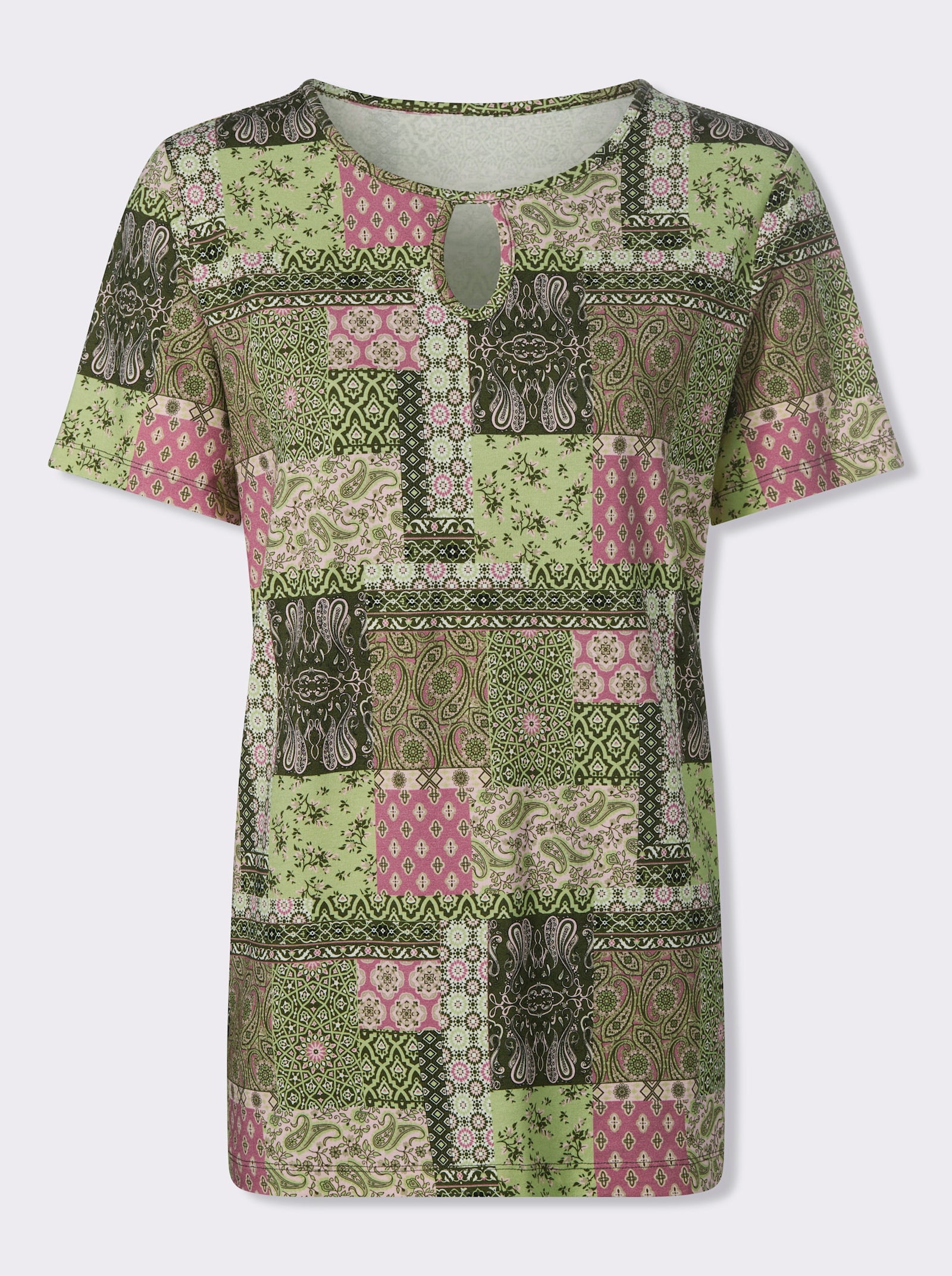 Tunikashirt mit Tropfen-Ausschnitt - altrosa-oliv-bedruckt