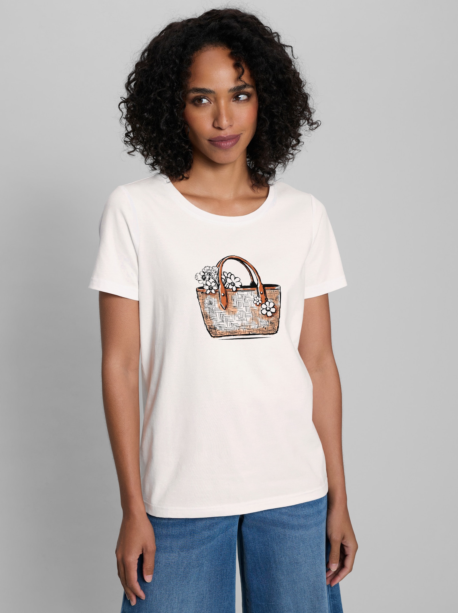 heine Kurzarmshirt mit Einkaufskorb-Motiv - ecru