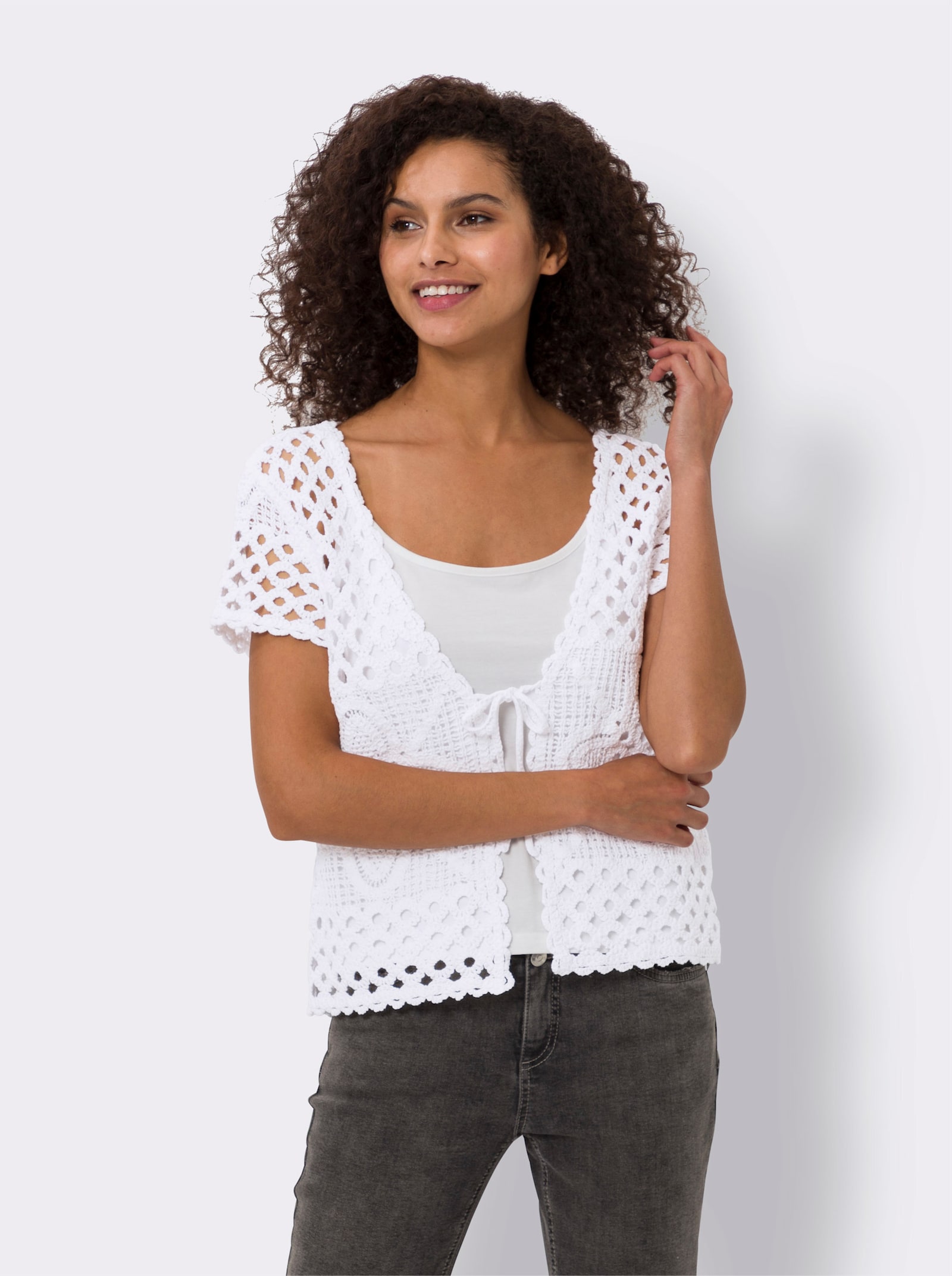 heine Strickweste in Häkel-Optik - weiss