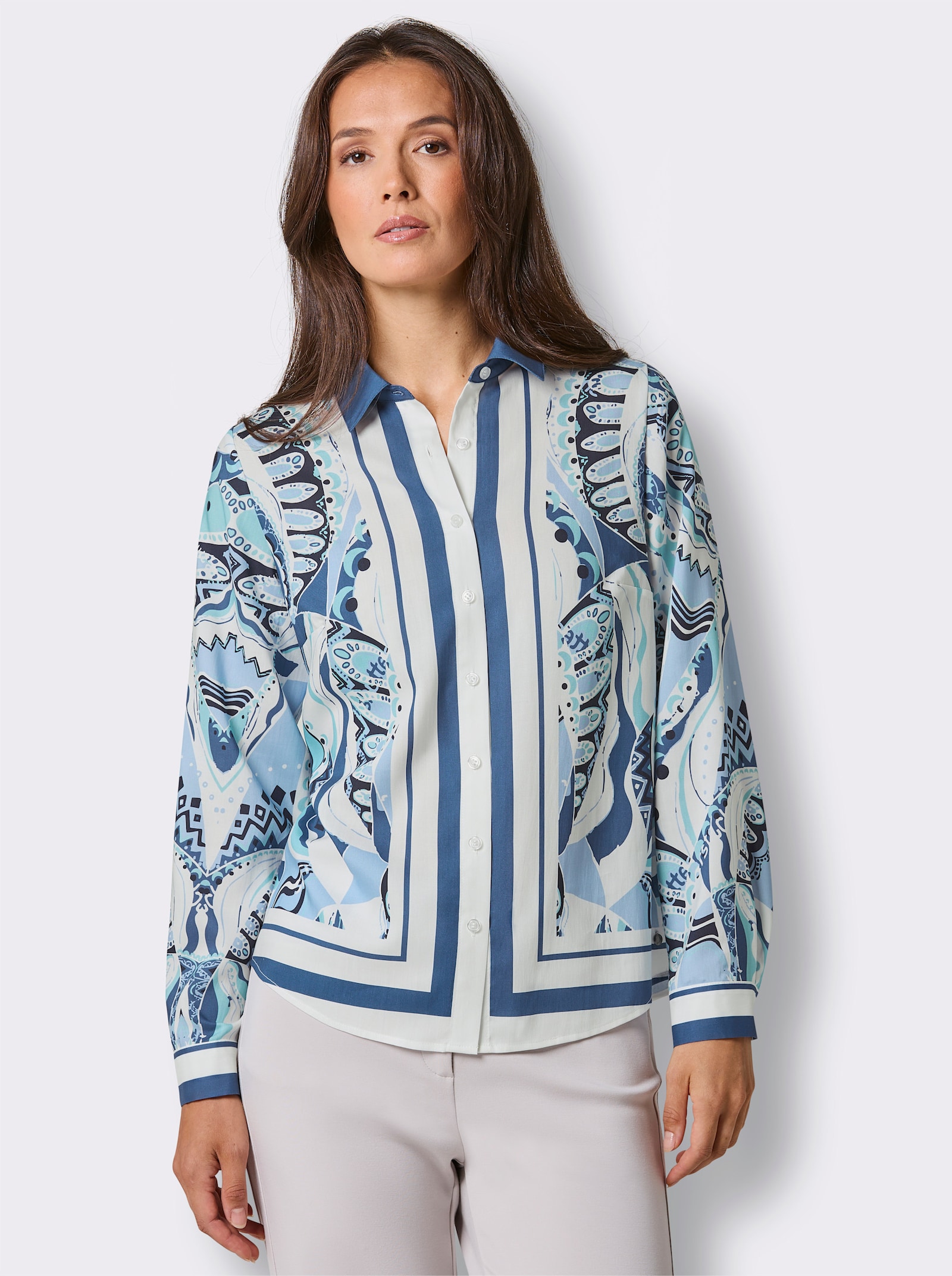 CREATION L PREMIUM Druckbluse im Tücherdruck - weiß-eisblau-bedruckt