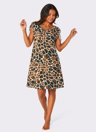 feel good Sommerkleid mit Bindeband an der Schulter - champagner-schoko-bedruckt