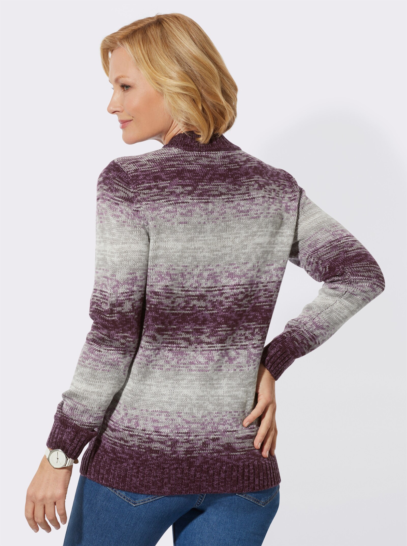 Stehkragenpullover in trageangenehmer Qualität - violett-burgund-geringelt