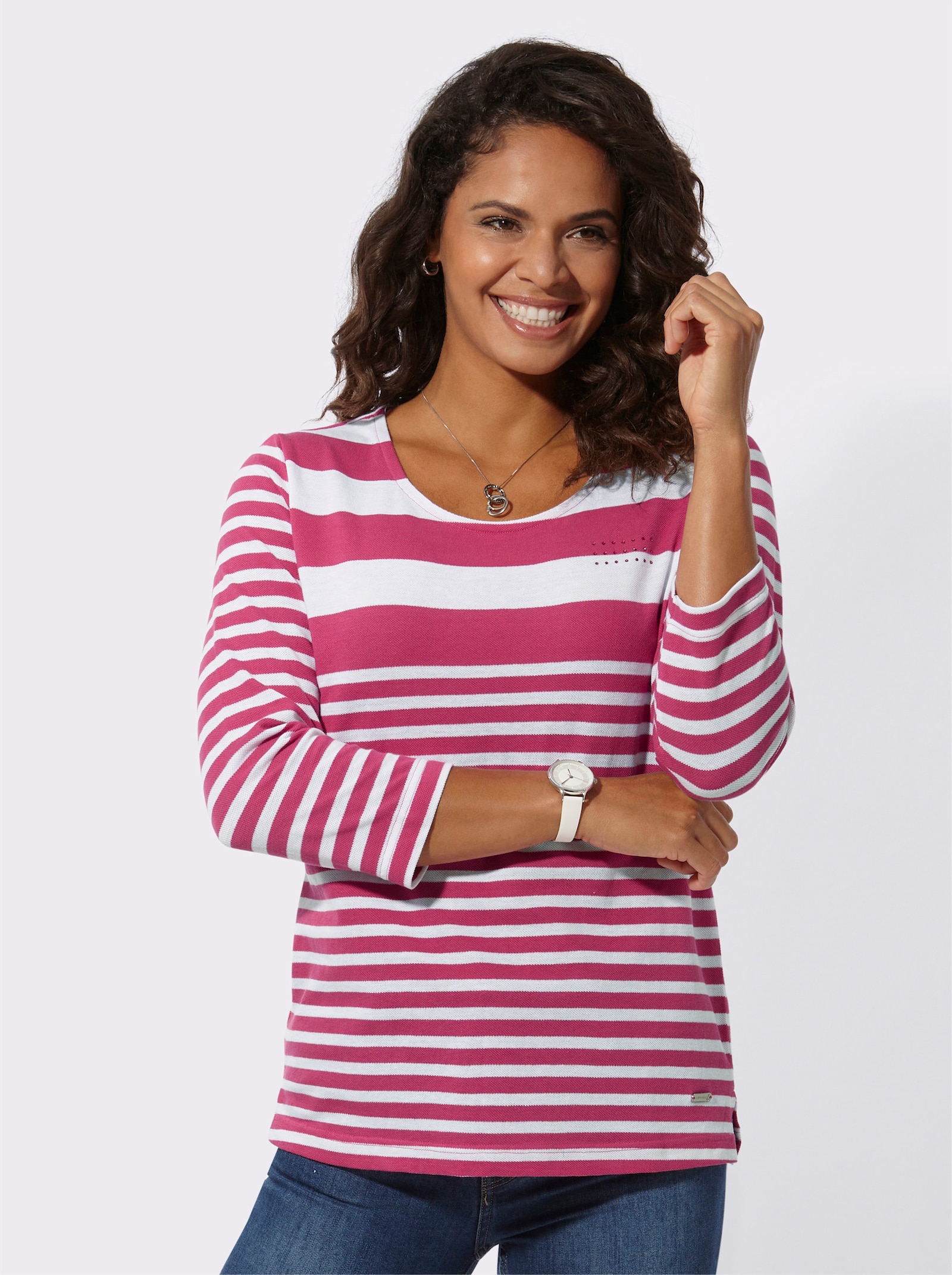 Ringelshirt mit Metallplättchen vorne - fuchsia-weiss-geringelt