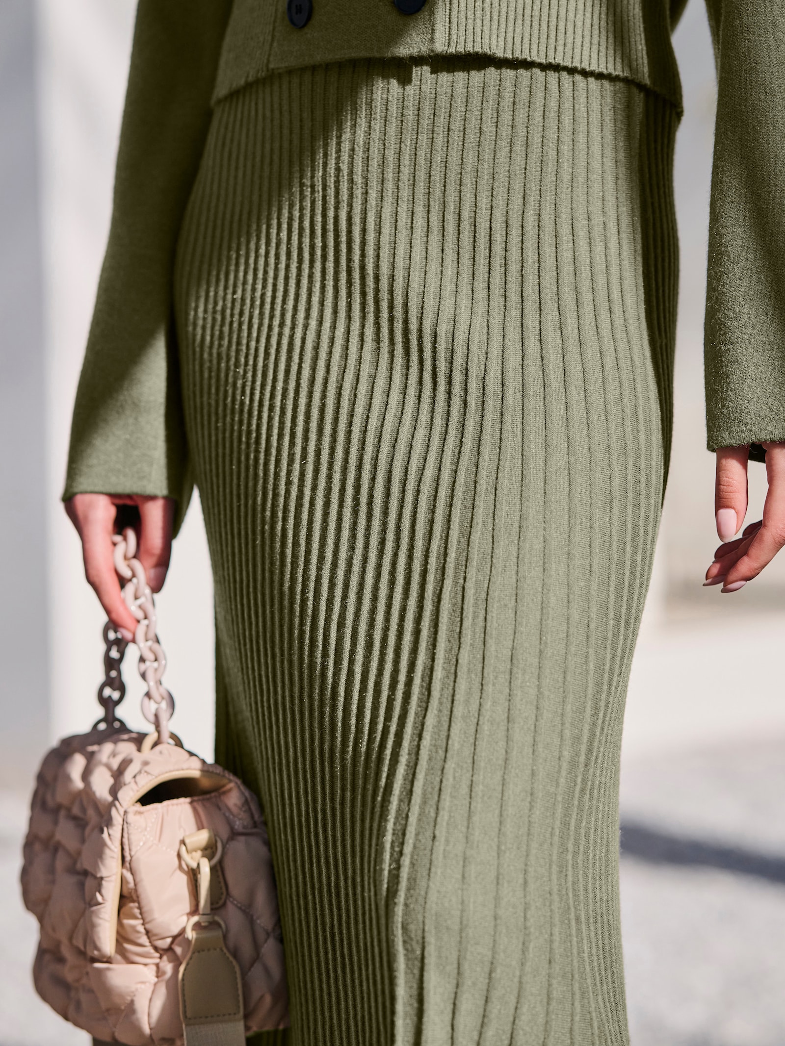 heine Gebreide rok in plissélook - kaki gemêleerd