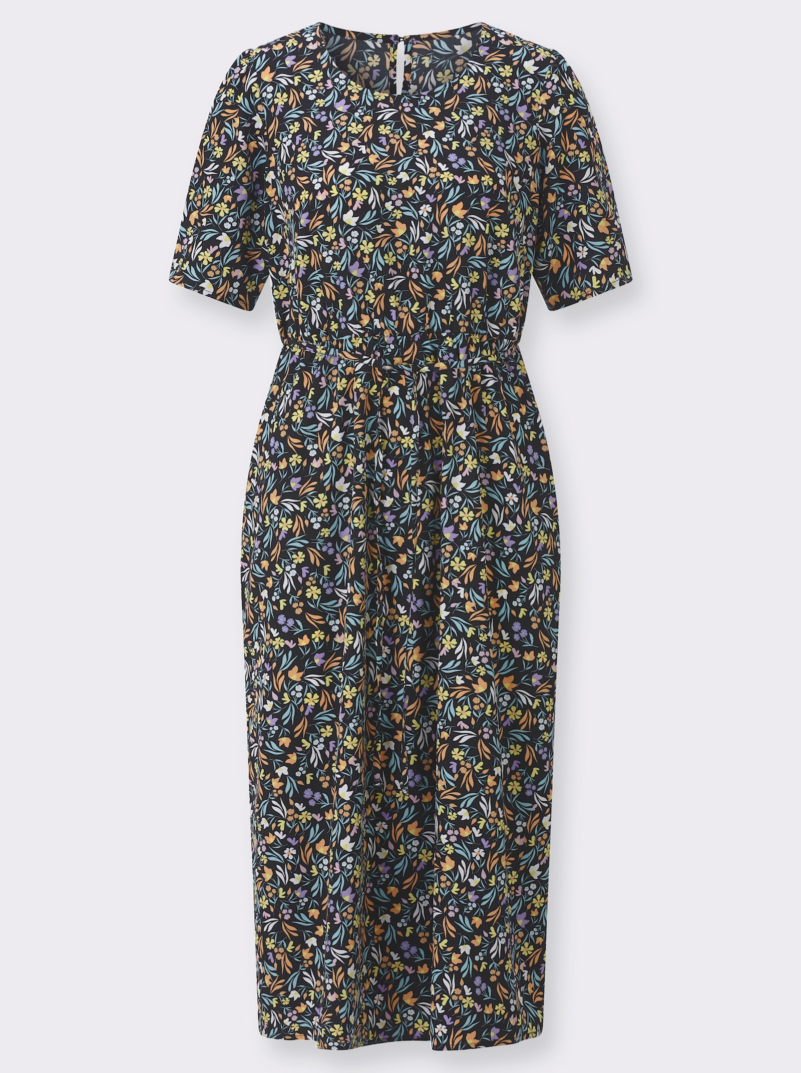Sommerkleid mit floralem Muster - schwarz-apricot-bedruckt