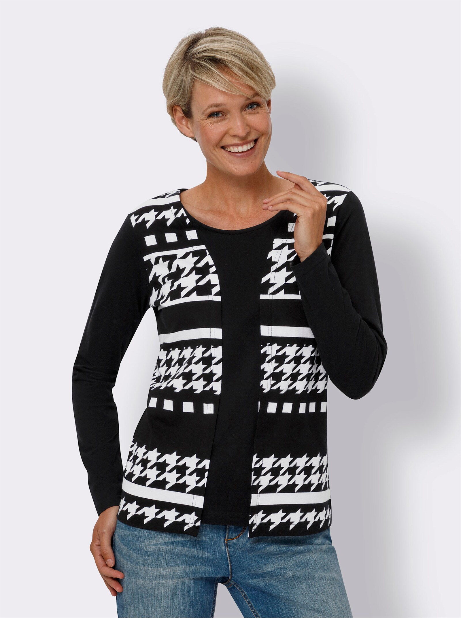 2-in-1-shirt met lange mouwen - zwart/wit geprint