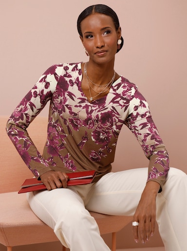 Langarmshirt mit gebogtem V-Ausschnitt - braun-bordeaux-bedruckt