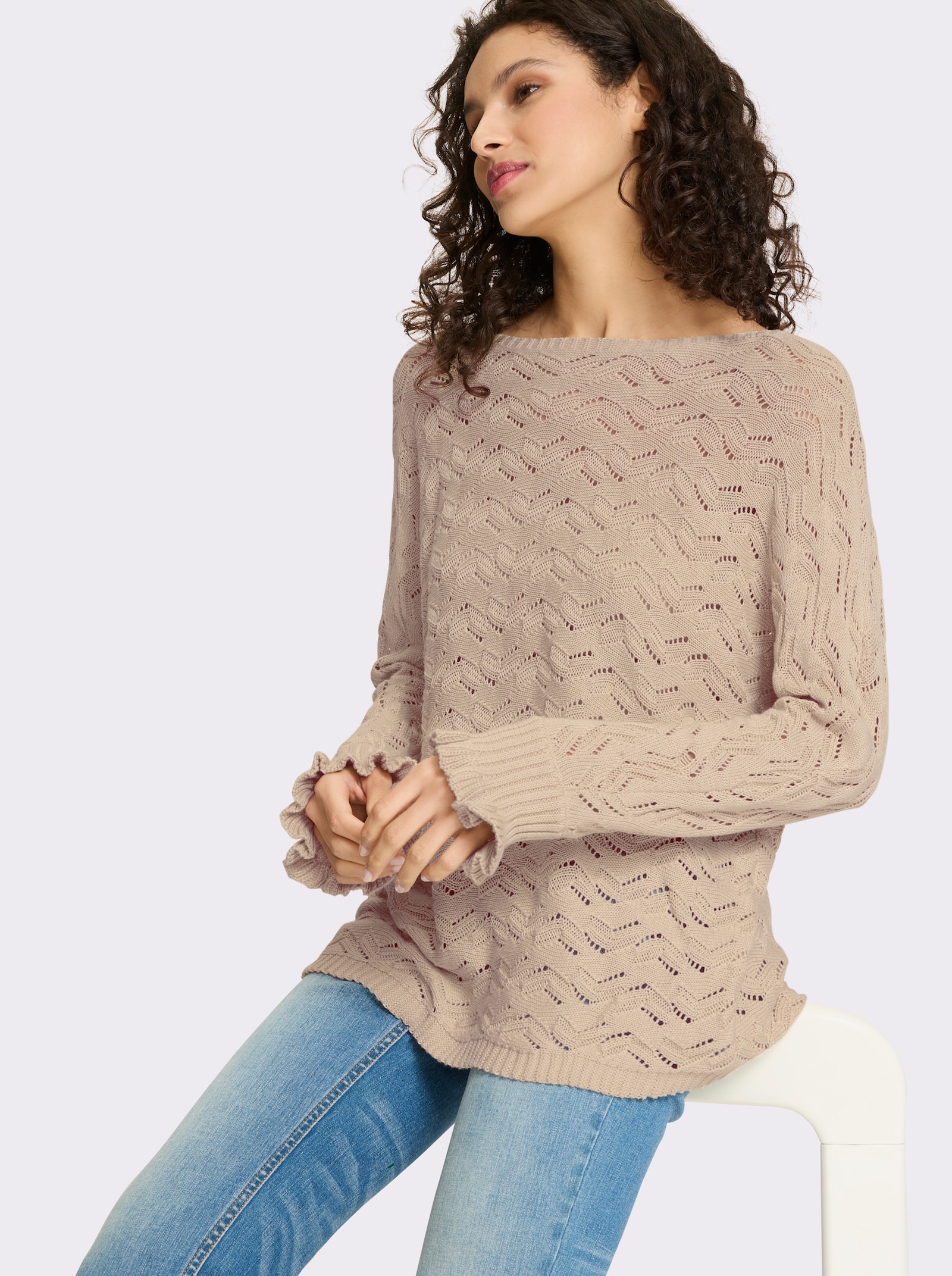 heine Ajourpullover mit Volants am Ärmel - sand