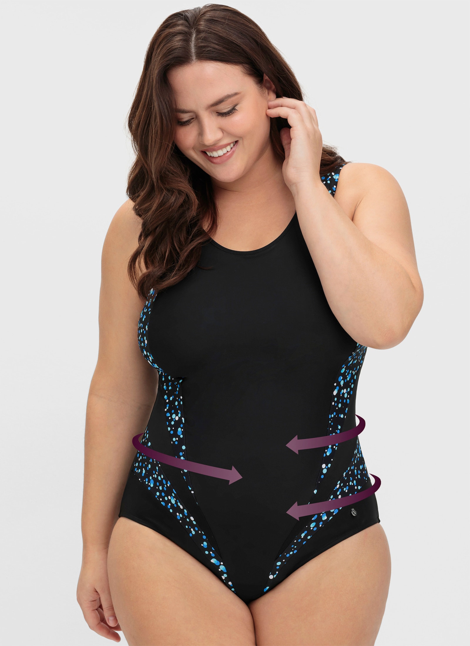 sheego Badeanzug mit Mesh-Einsatz - schwarz-bedruckt