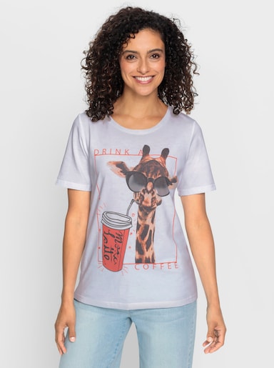 Kurzarmshirt mit Giraffen-Motiv - weiß-orange-bedruckt