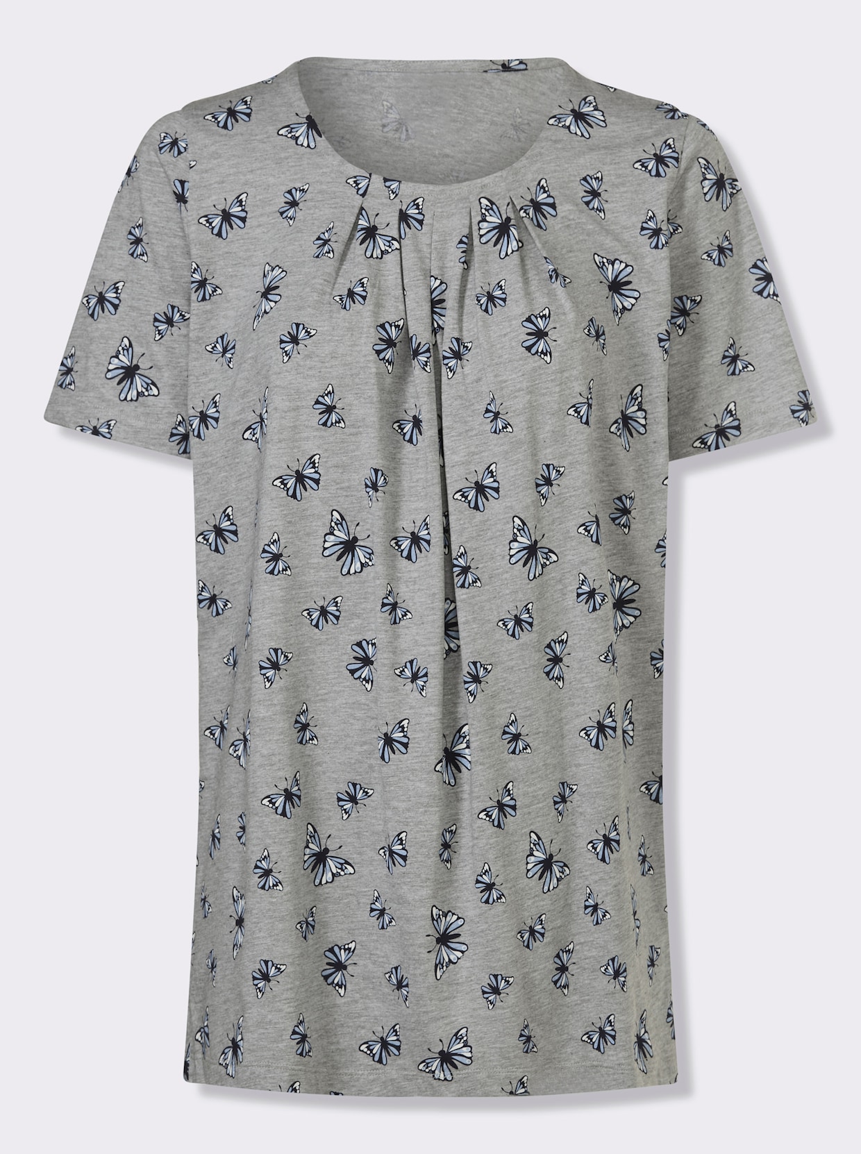 Longshirt - grau-meliert-marine-bedruckt