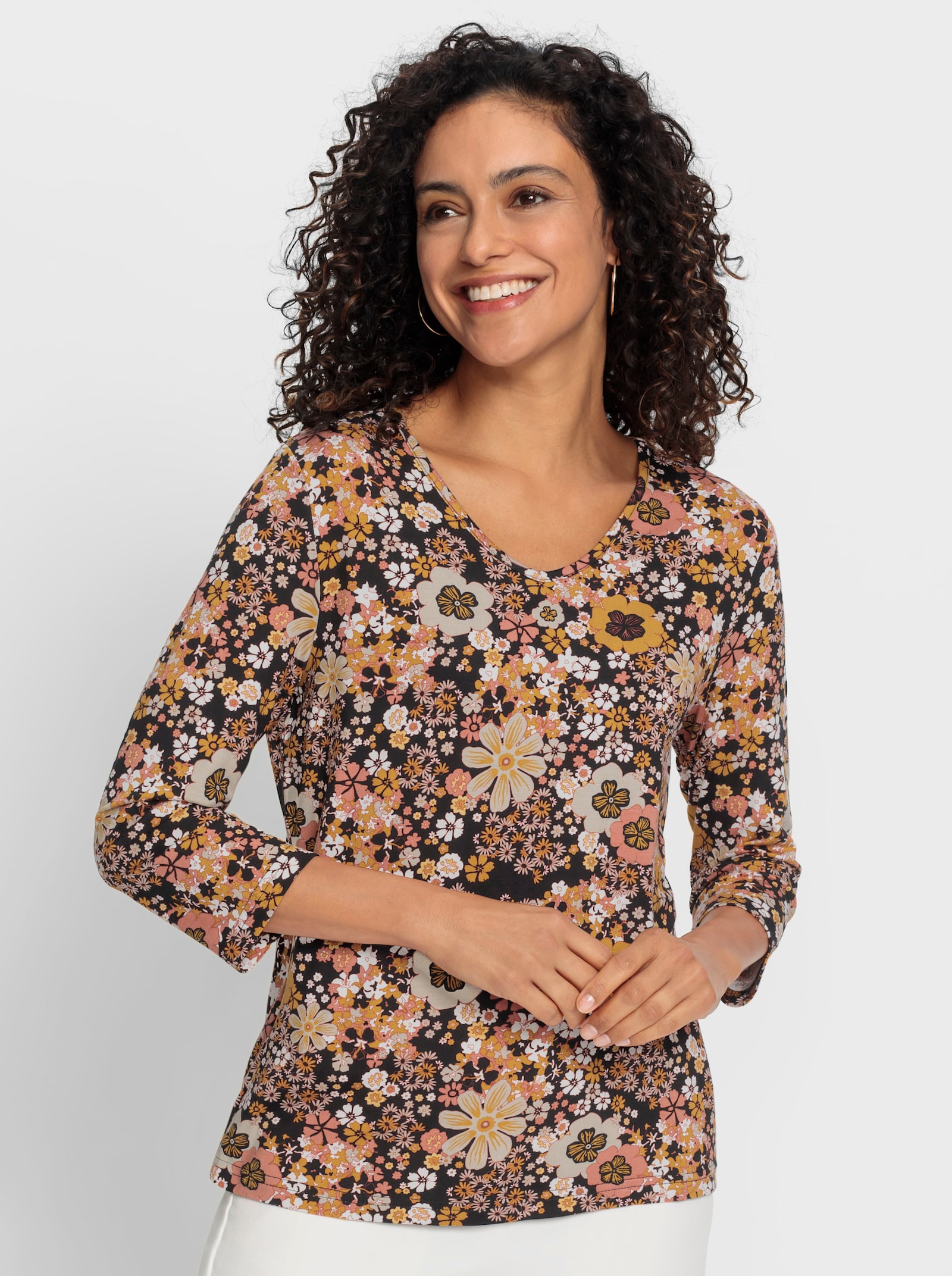 Tričko s výstřihem do V a květinovým vzorem - černá-papája-potisk