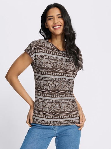 Kurzarmshirt mit überschnittenen Schultern - schoko-beige-bedruckt