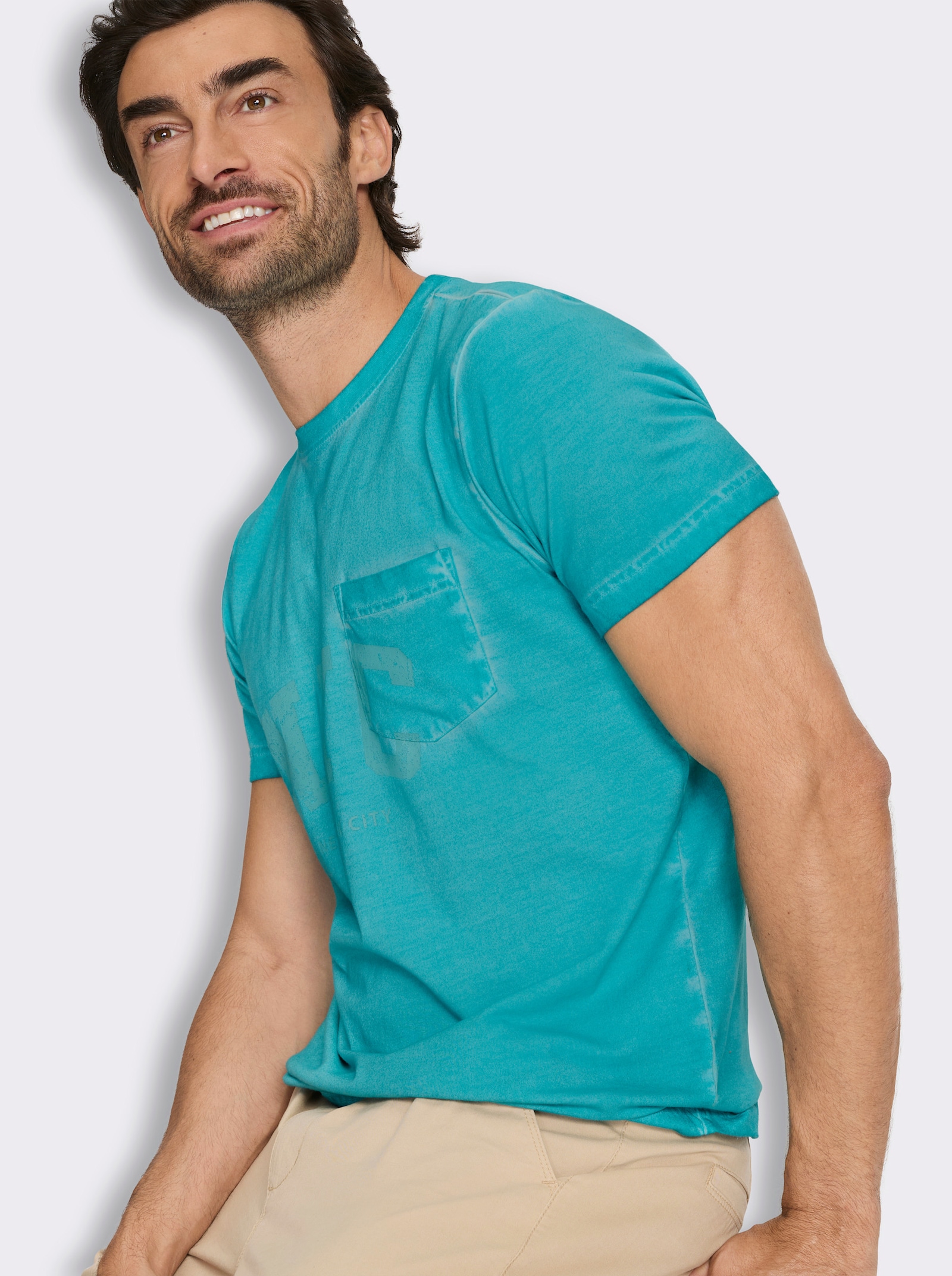 Marco Donati Kurzarmshirt mit Front-Print, Used-Optik - türkis