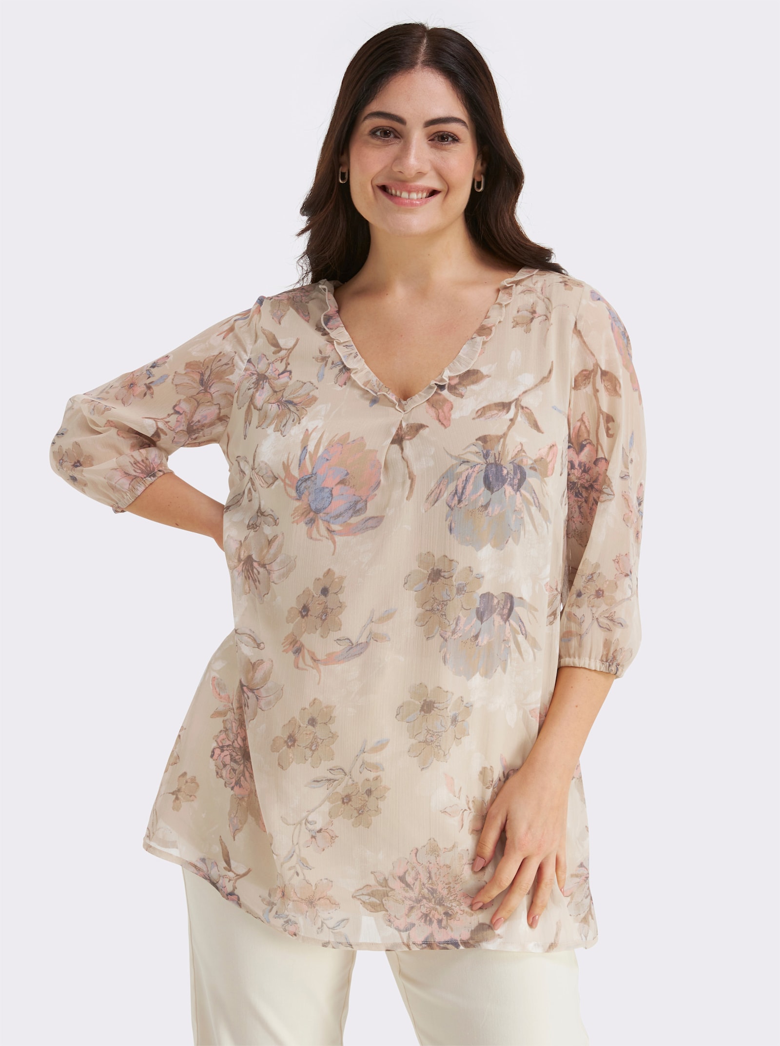 Tunika mit Rüschen-Verzierung - sand-bedruckt