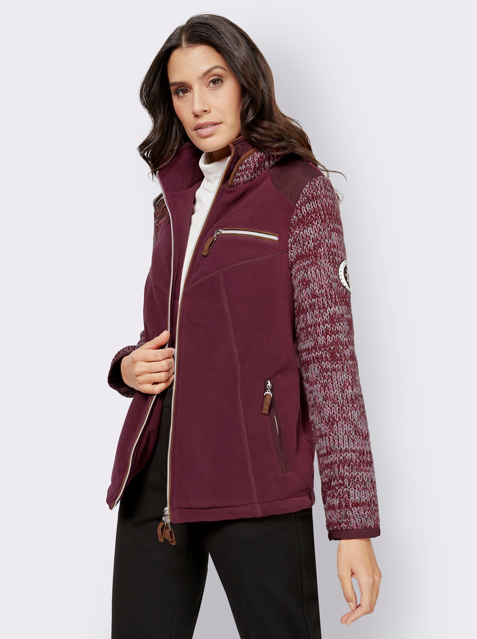 Fleecejack van een mix van fleece en tricot - bessenrood gemêleerd