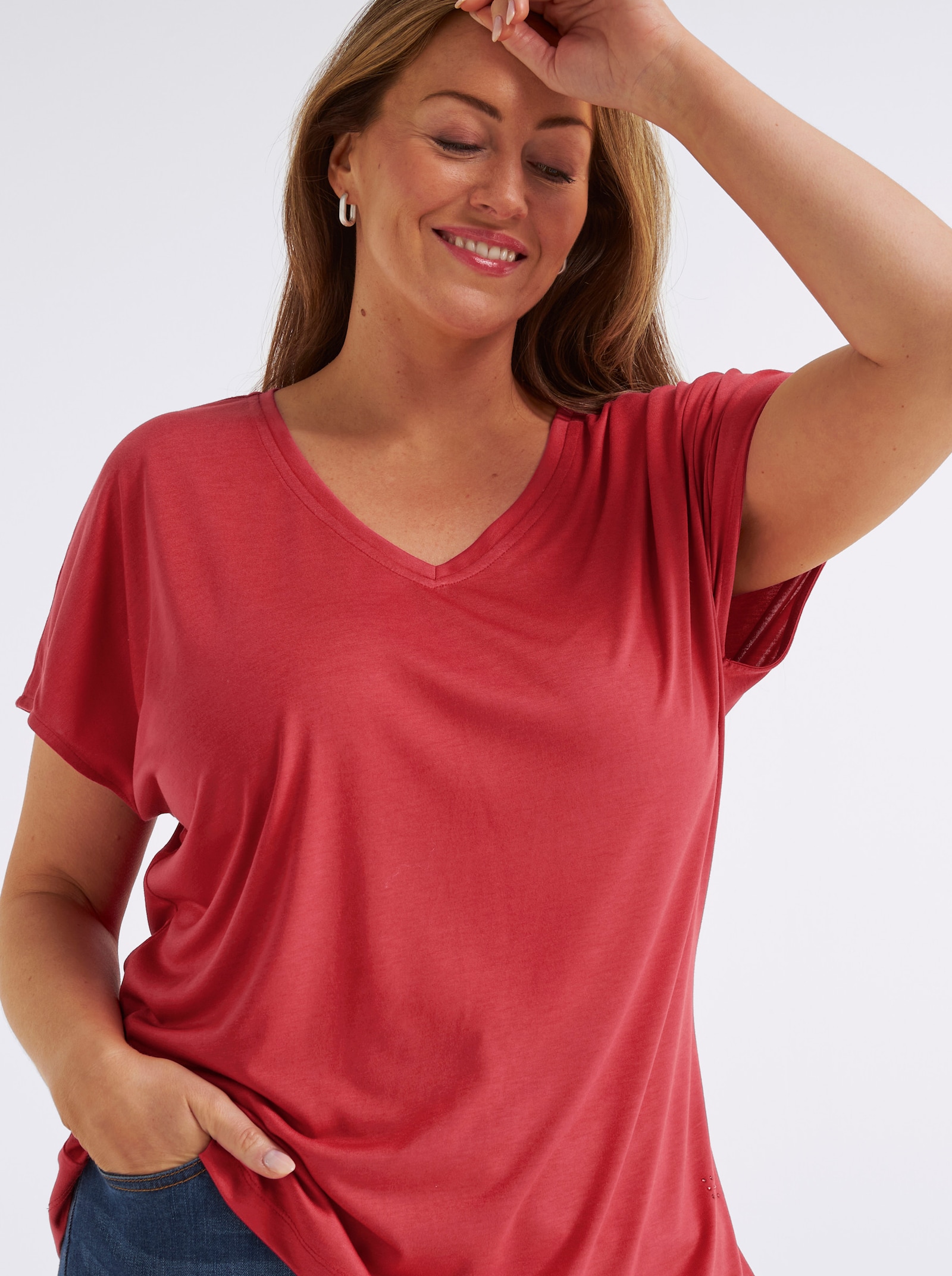 sheego V-Shirt mit Strass-Detail - erdbeere