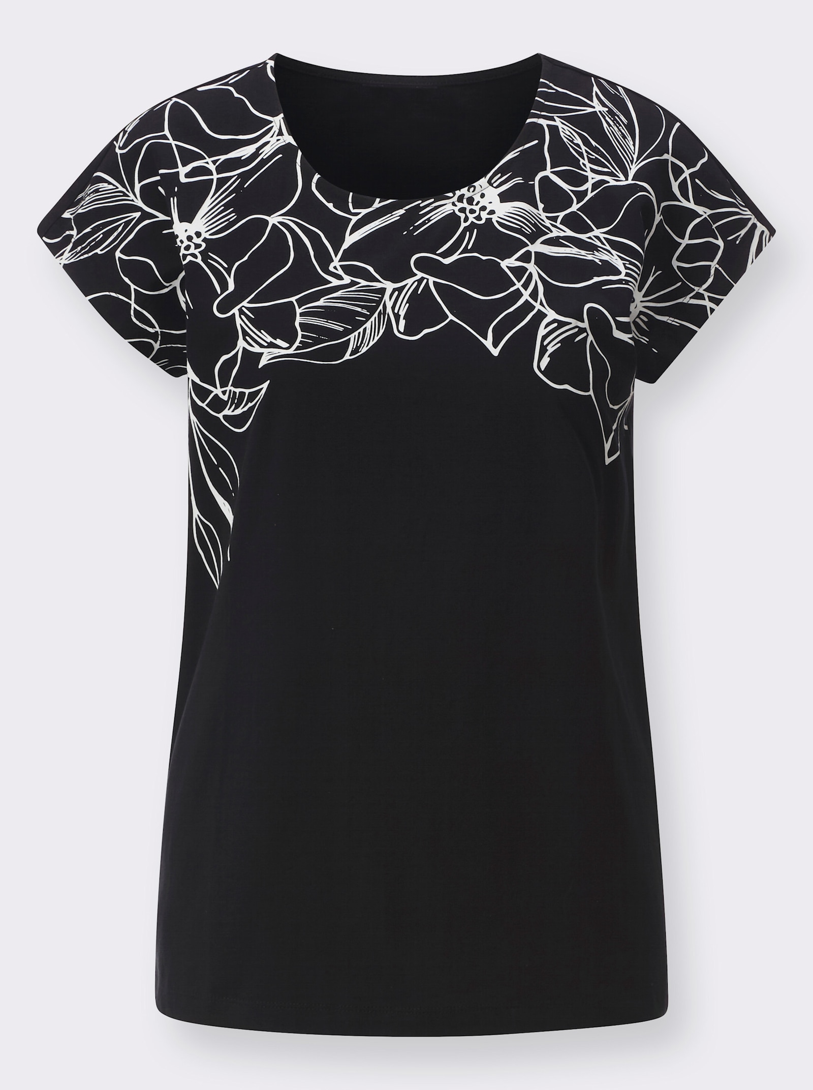 Tričko,okr.výstr.,kvet.siluety - Black-ecru zafarbeniu krému tlače