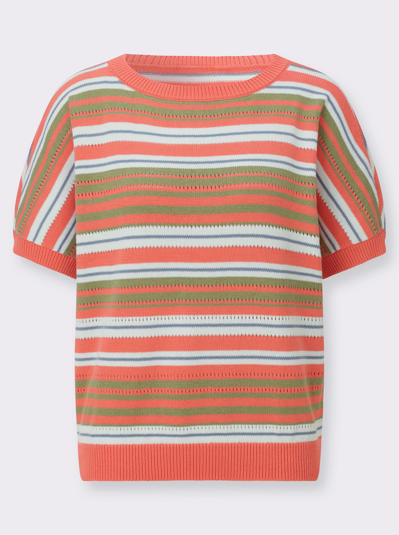 Baumwollpullover mit Fledermaus-Ärmeln - papaya-eucalyptus-geringelt