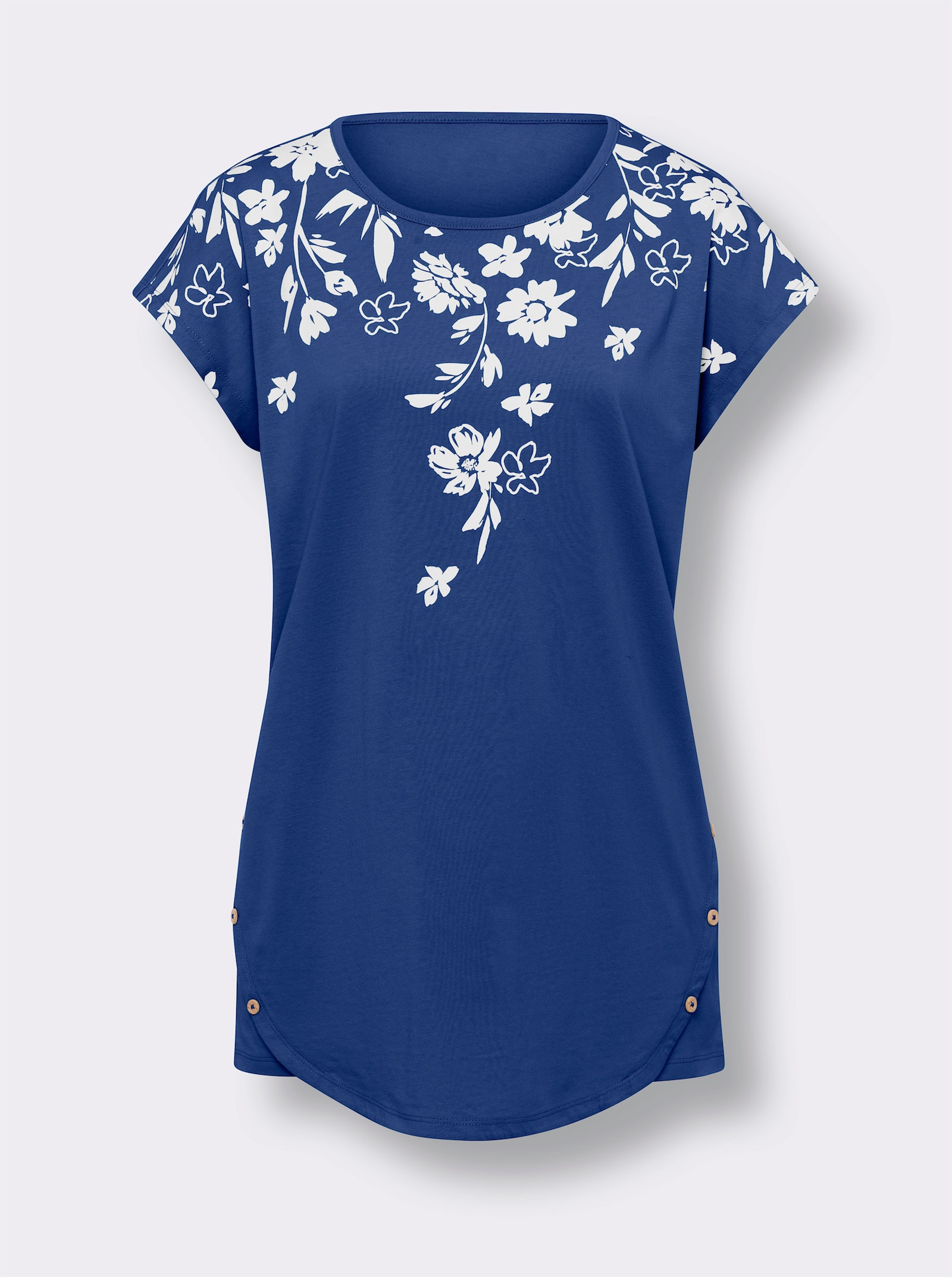 Lång topp med dekorknappar - kungsblå-vit