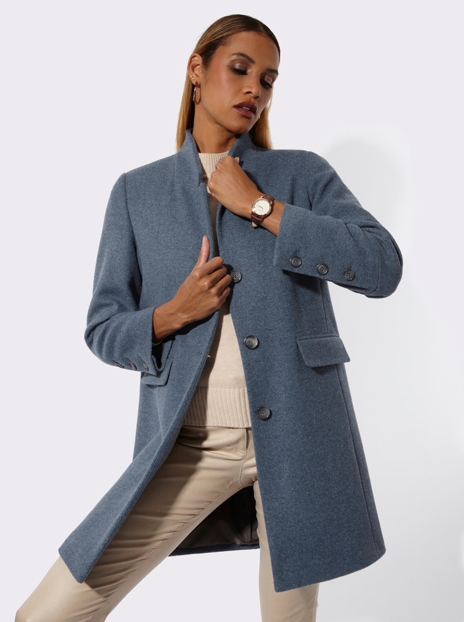 Wollmantel mit extravagantem Kragen - rauchblau-meliert