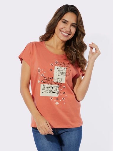 Rundhalsshirt im Ethno-Stil - papaya-schwarz-bedruckt