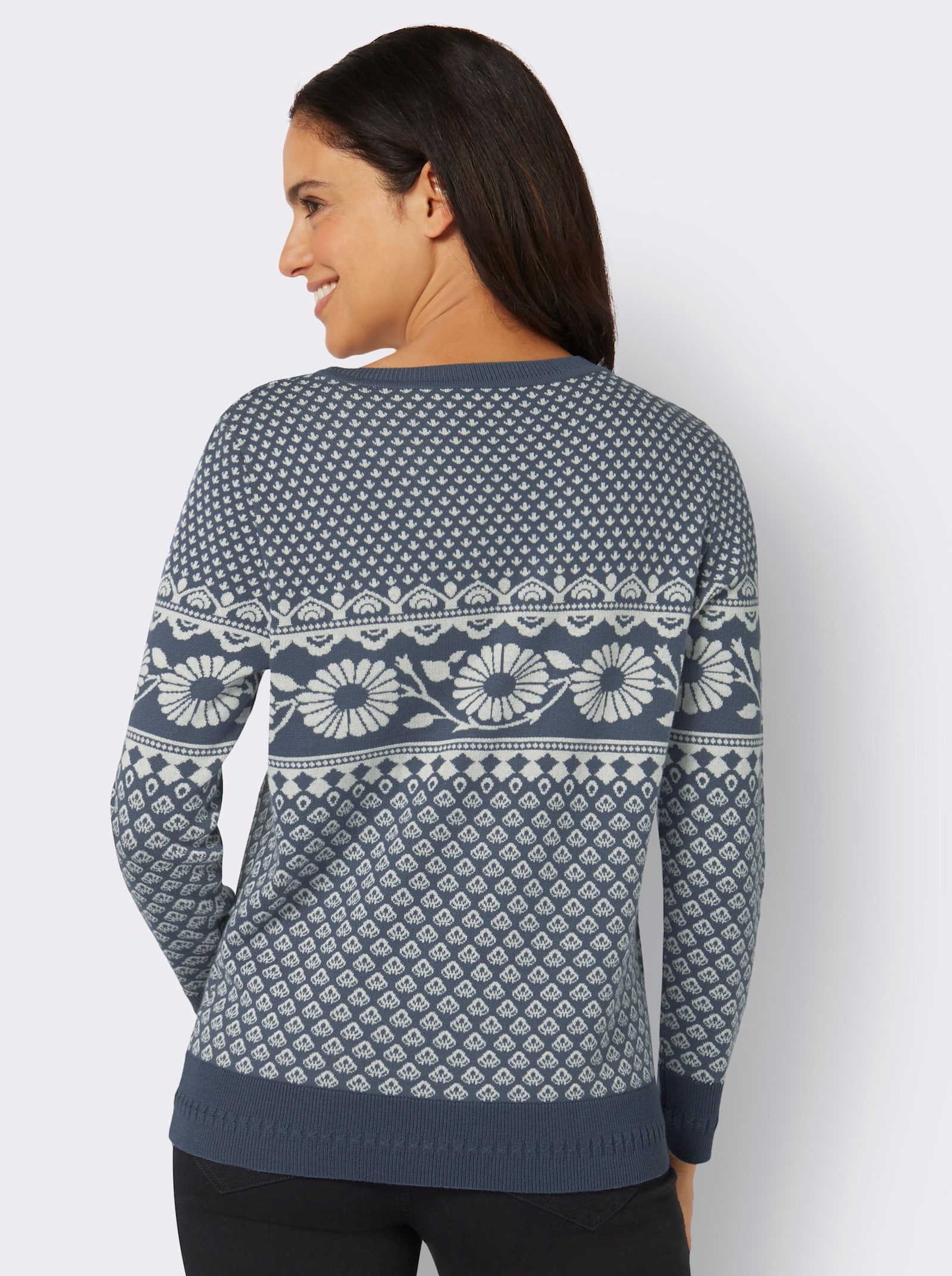 Pull jacquard style norvégien - bleu fumée-couleur ivoire à motifs