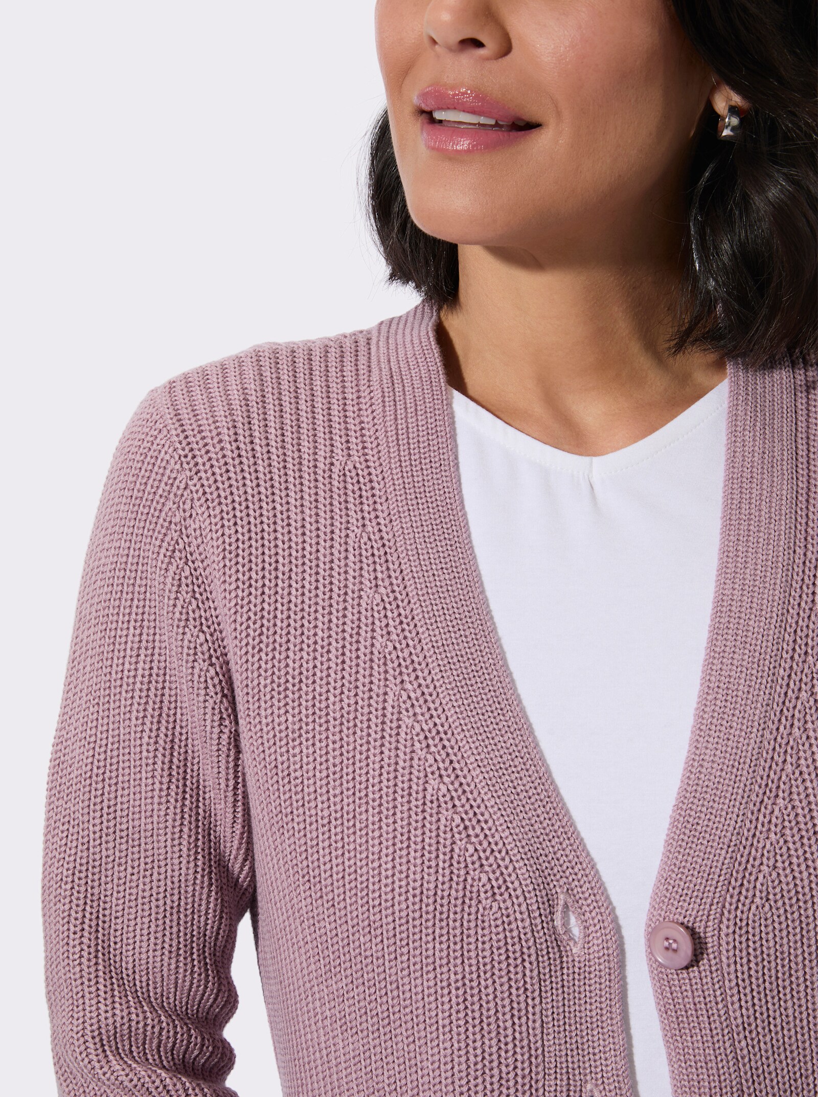 Longstrickjacke mit feiner Rippstruktur - mauve