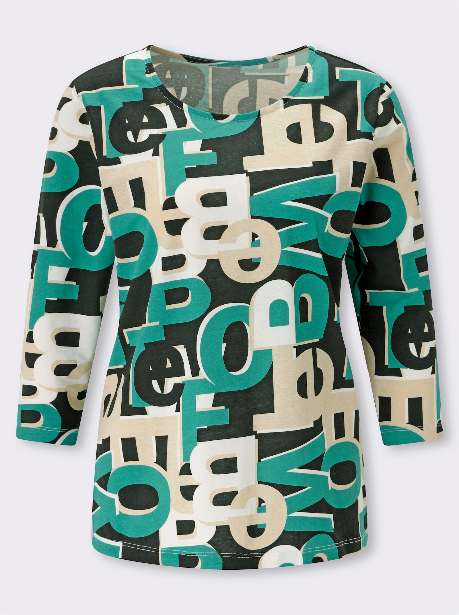 3/4-Arm-Shirt mit Lettering-Druck - smaragd-schwarz-bedruckt