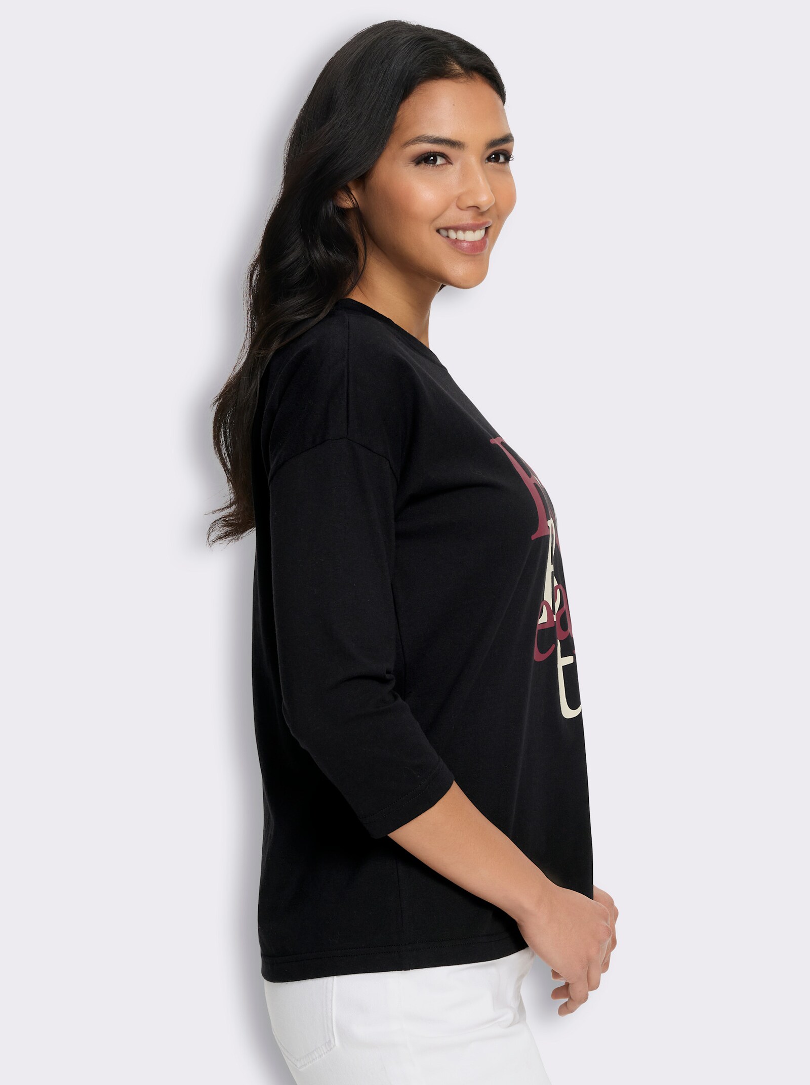 3/4-Arm-Shirt mit Schriftzug im Vorderteil - schwarz-bordeaux