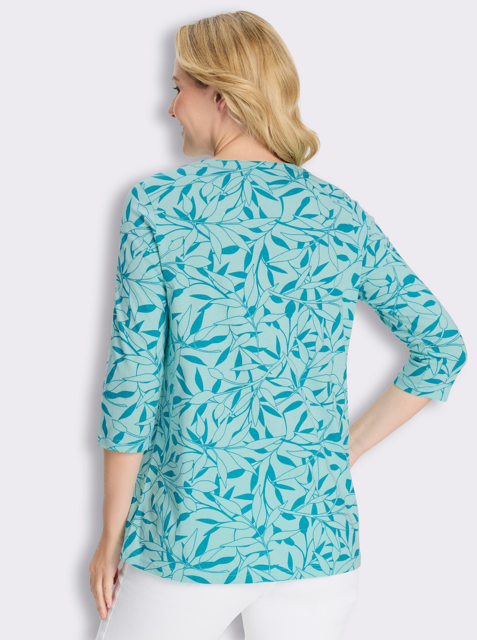 Longshirt mit Falten am Ausschnitt - aquamarin-türkis-bedruckt