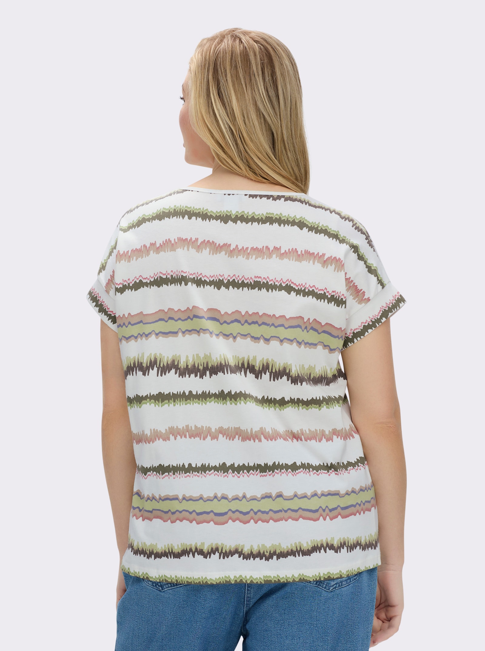 Print-Shirt mit Ziernähten, geringelt - ecru-khaki-bedruckt