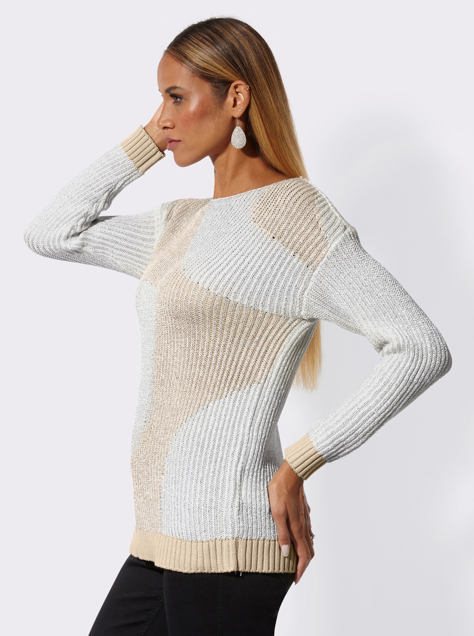 Strickpullover mit Glanzgarn - champagner-silberfarben-gemustert