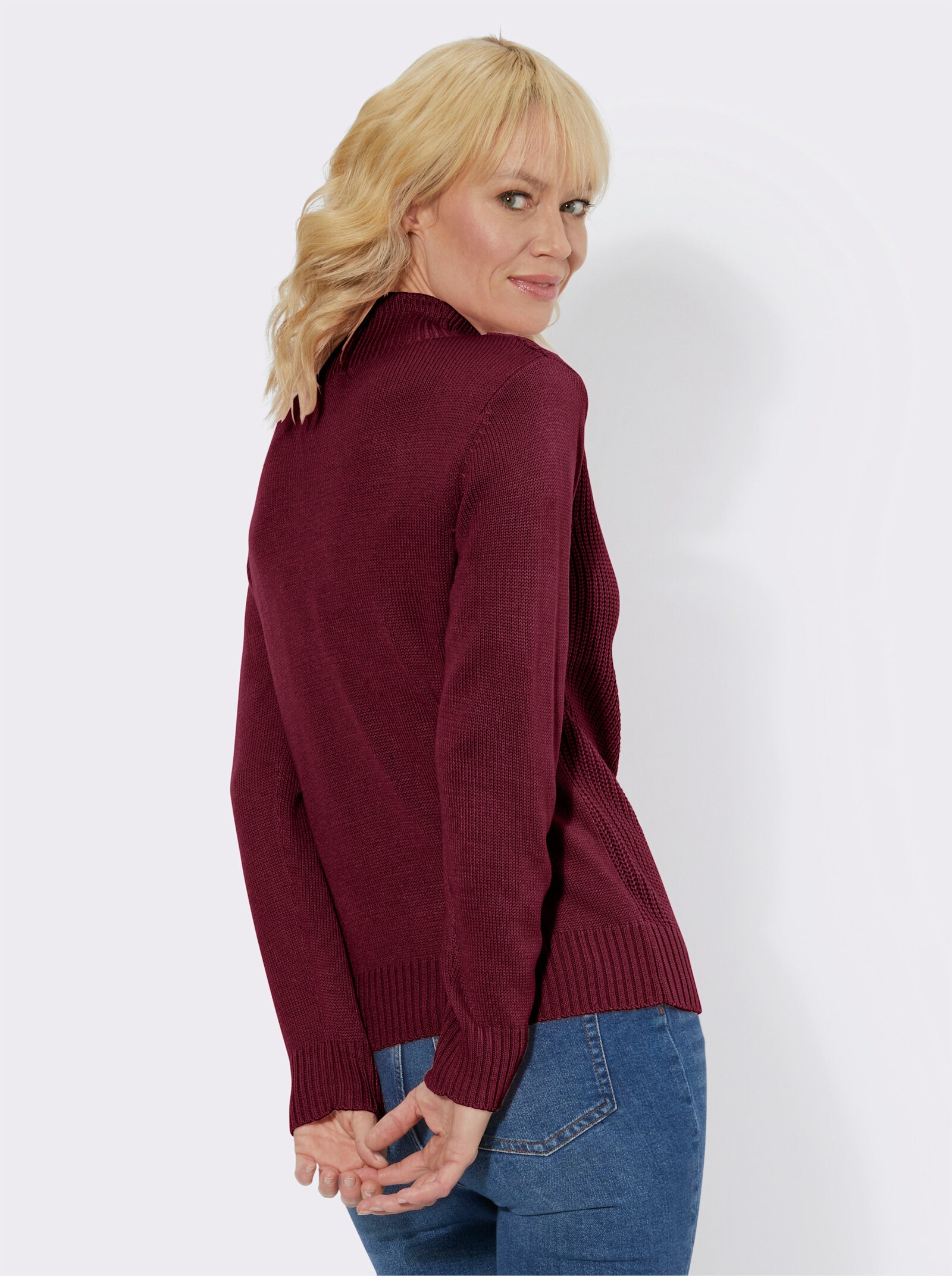 Langarm-Pullover mit Zopfstrick-Muster - bordeaux