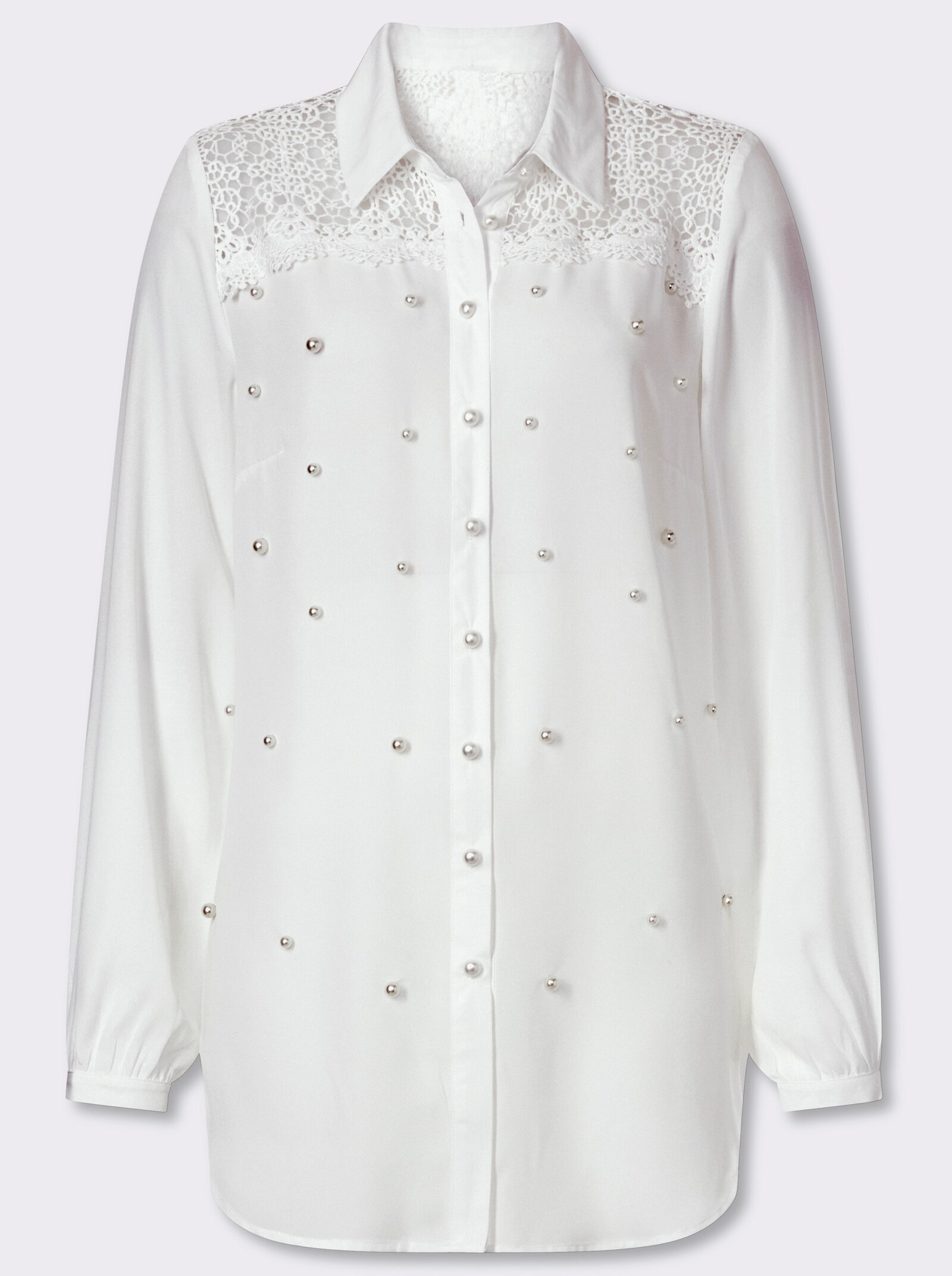 Longbluse mit Spitze und Zierperlen - ecru