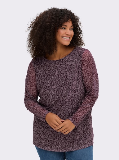 sheego Langarmshirt aus Mesh, mit Blümchenprint - aubergine-mauve-bedruckt