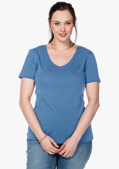 sheego T-Shirt mit V-Ausschnitt, Rippqualität - mittelblau