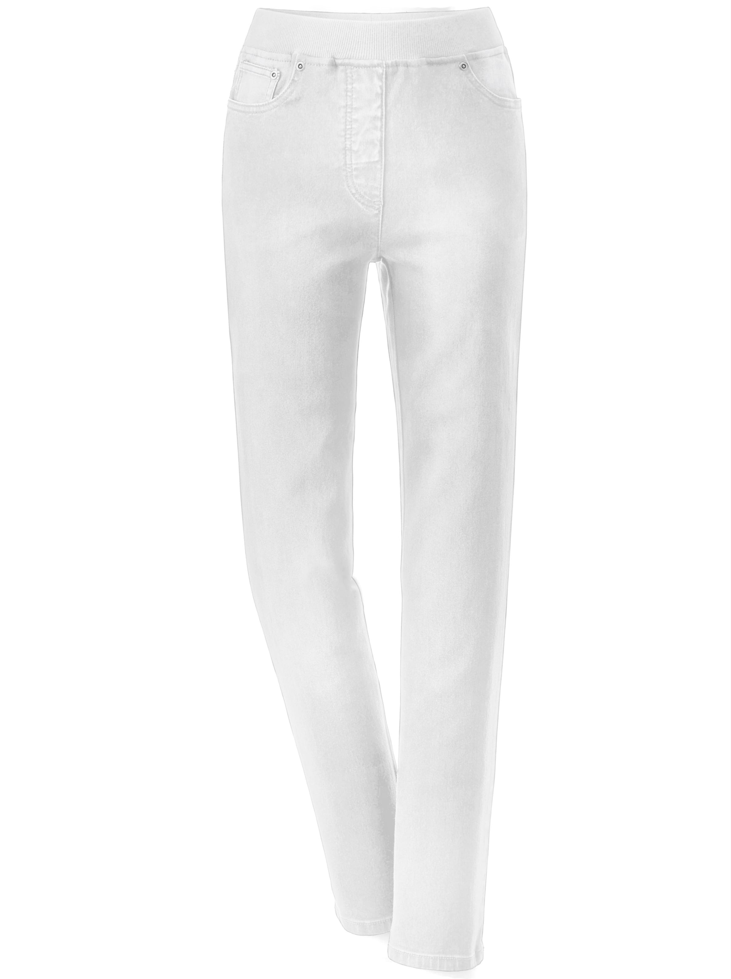Set je günstig Kaufen-Schlupfjeans in weiß von heine. Schlupfjeans in weiß von heine <![CDATA[Jeans in Schlupfform mit superbequemem, angesetztem Rippenstrick-Dehnbund. Knopf- und Reißverschluss sind überflüssig, die klassische Jeans-Optik bleibt durch die Reißve