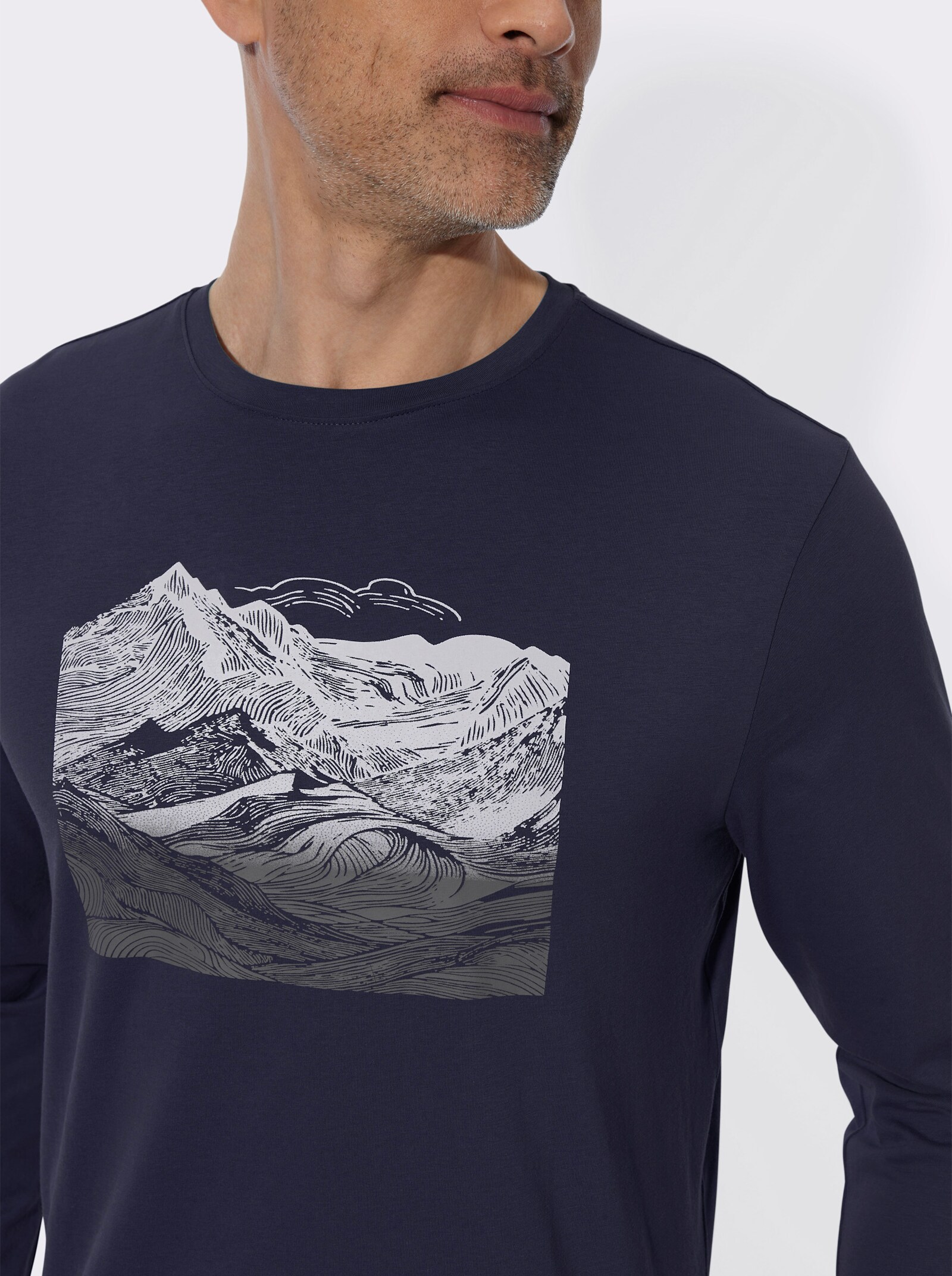 Langarmshirt mit Gebirgs-Druckmotiv - marine