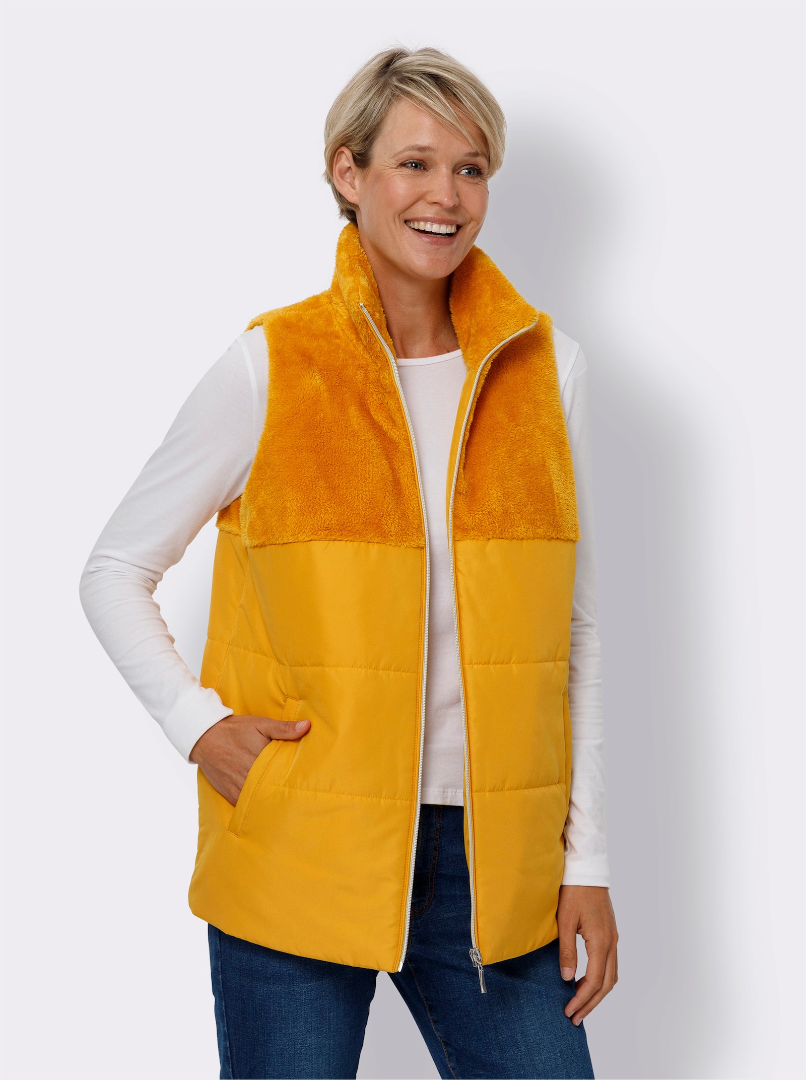 Steppweste mit Teddy-Fleece - ocker
